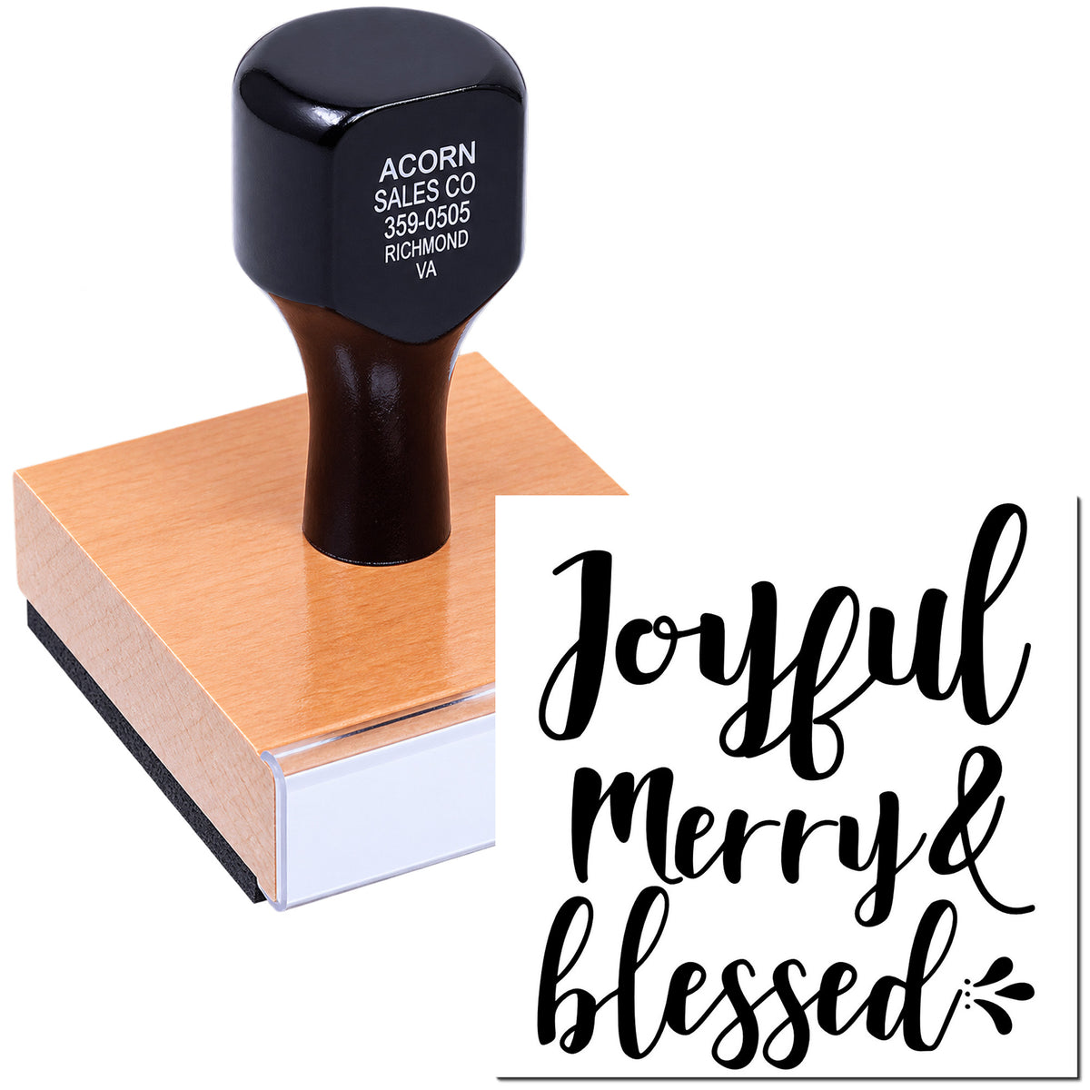 Custom rubber stamp with Joyful, Merry & Blessed script design for holiday crafts, handmade cards, and gift packaging.