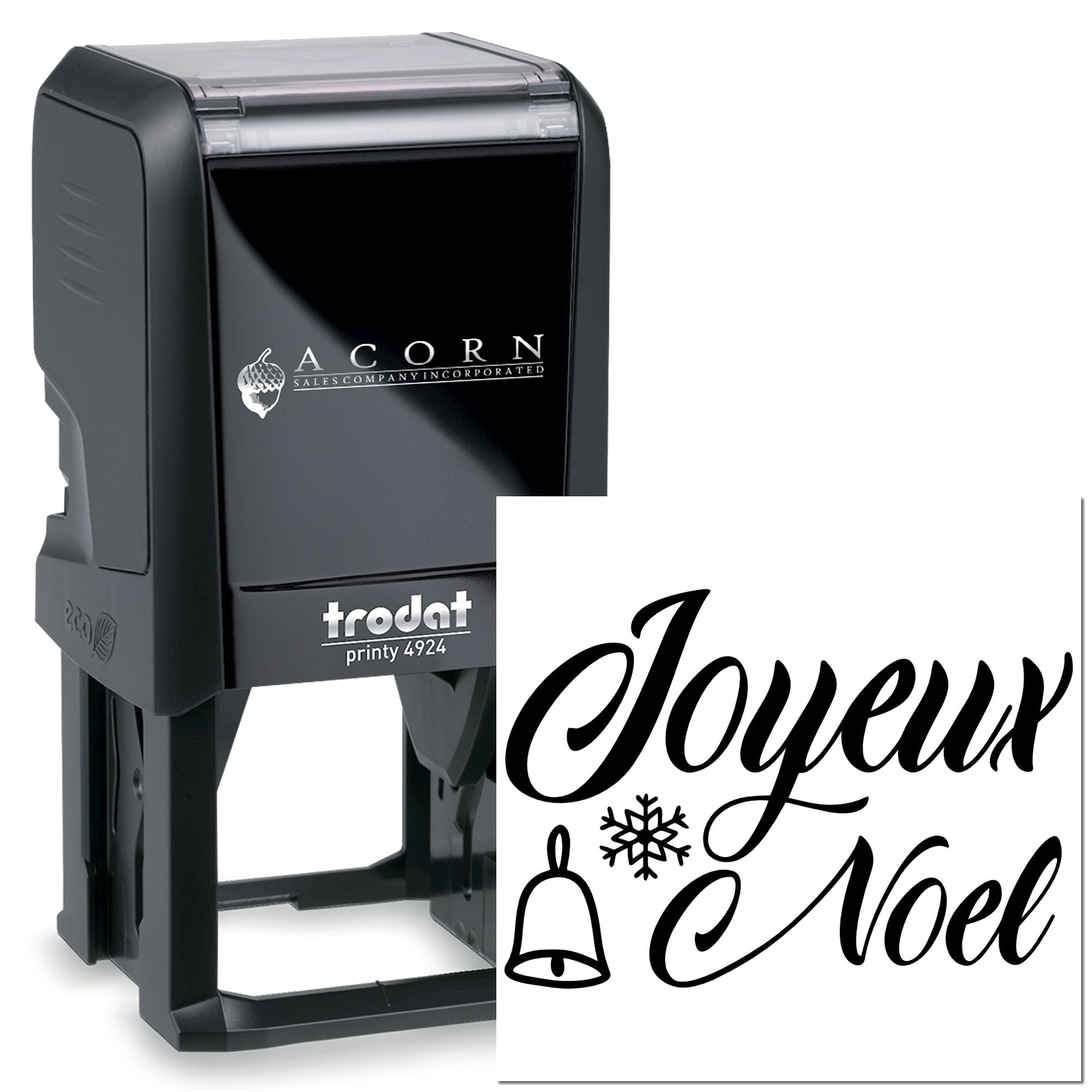 Custom self-inking Trodat Printy 4924 rubber stamp with Joyeux Noel Christmas design, bell and snowflake icon.