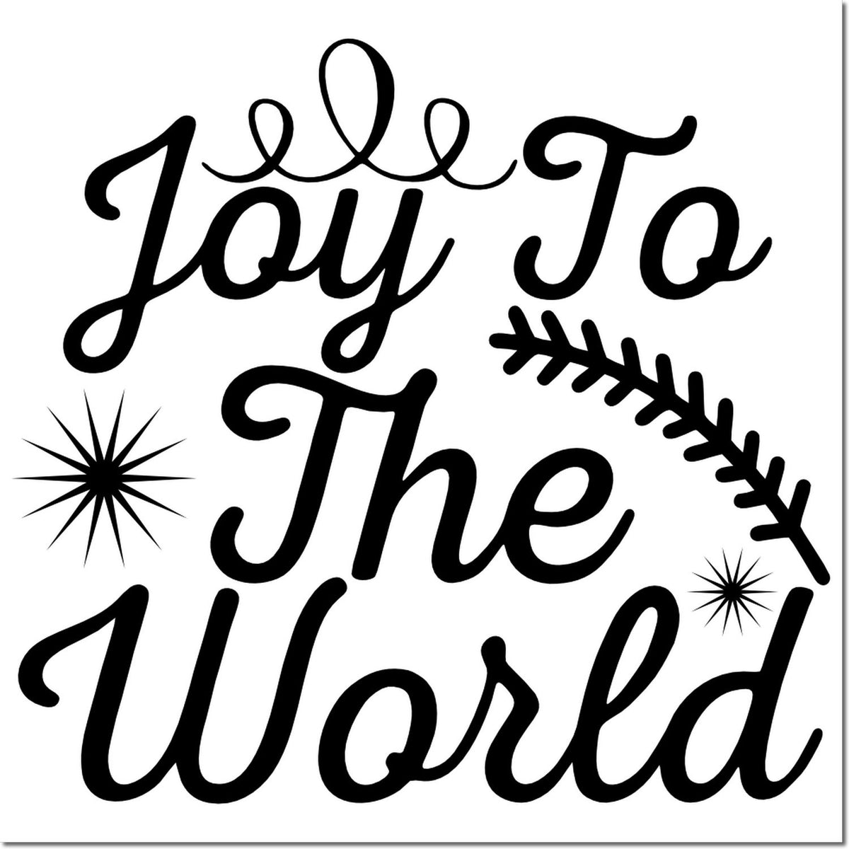 Joy to the World holiday rubber stamp design with festive script, snowflake accents, and winter greenery.