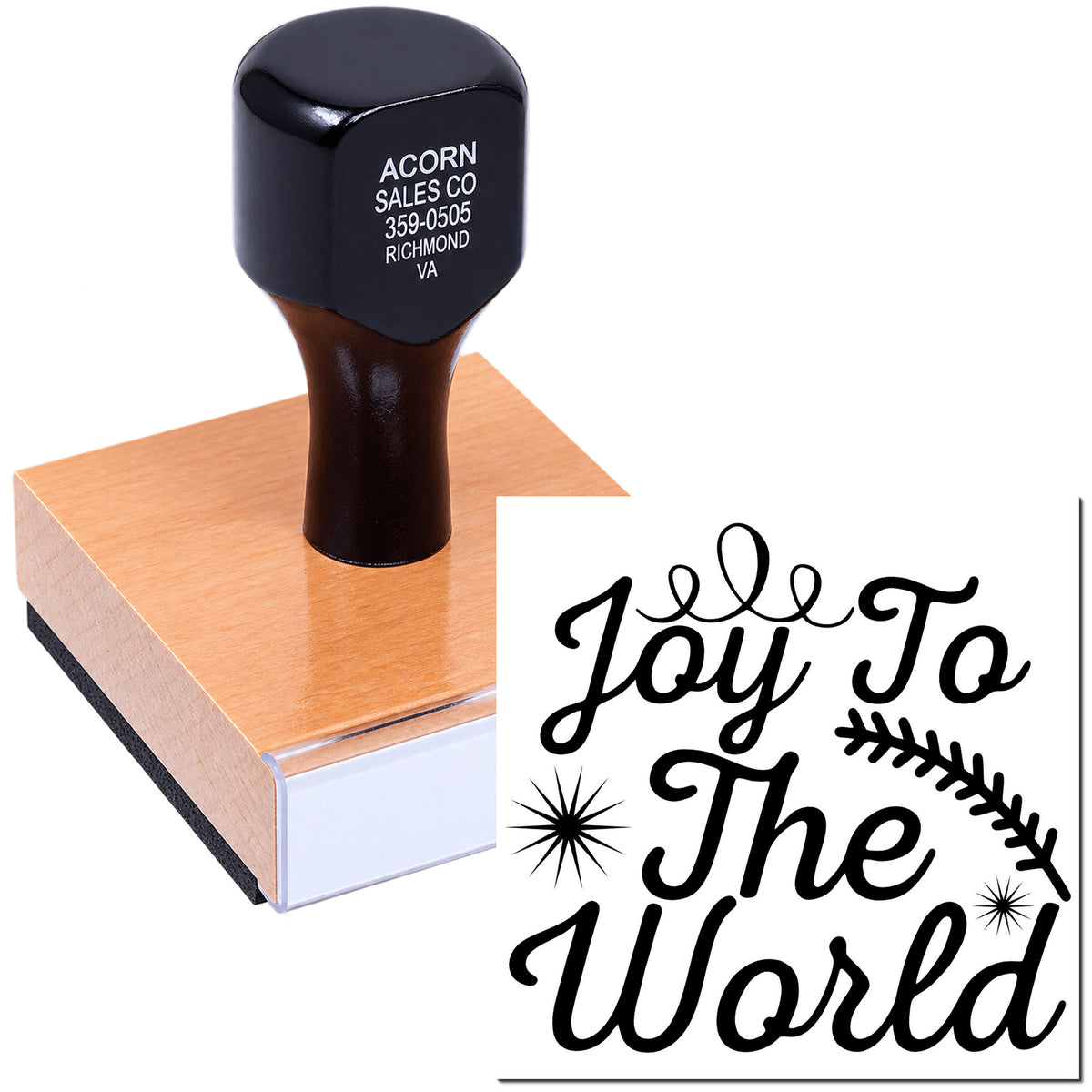 Custom rubber stamp with Joy to the World holiday design, ideal for festive card making, crafts, and seasonal branding.