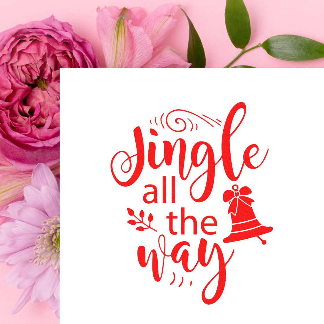 Jingle All the Way Christmas rubber stamp design in red script with bell and holly for festive holiday crafting.
