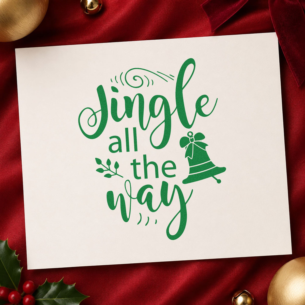 Jingle All The Way Bell craft stamp imprint in green ink on a handmade project, one idea being class sample boards.