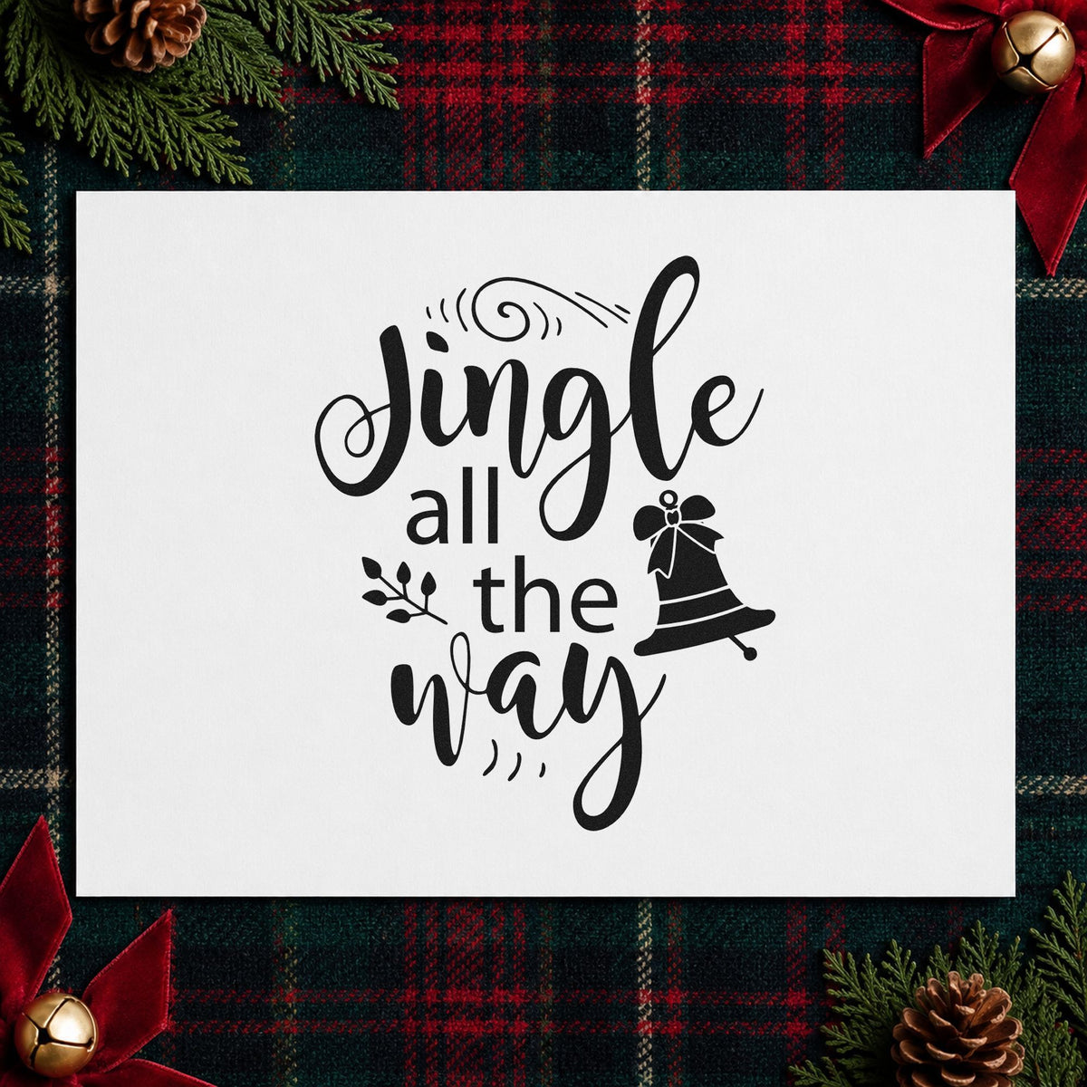 Jingle All The Way Bell rubber stamp printed in black ink, ready for bow bell sprig cards and similar paper crafts.