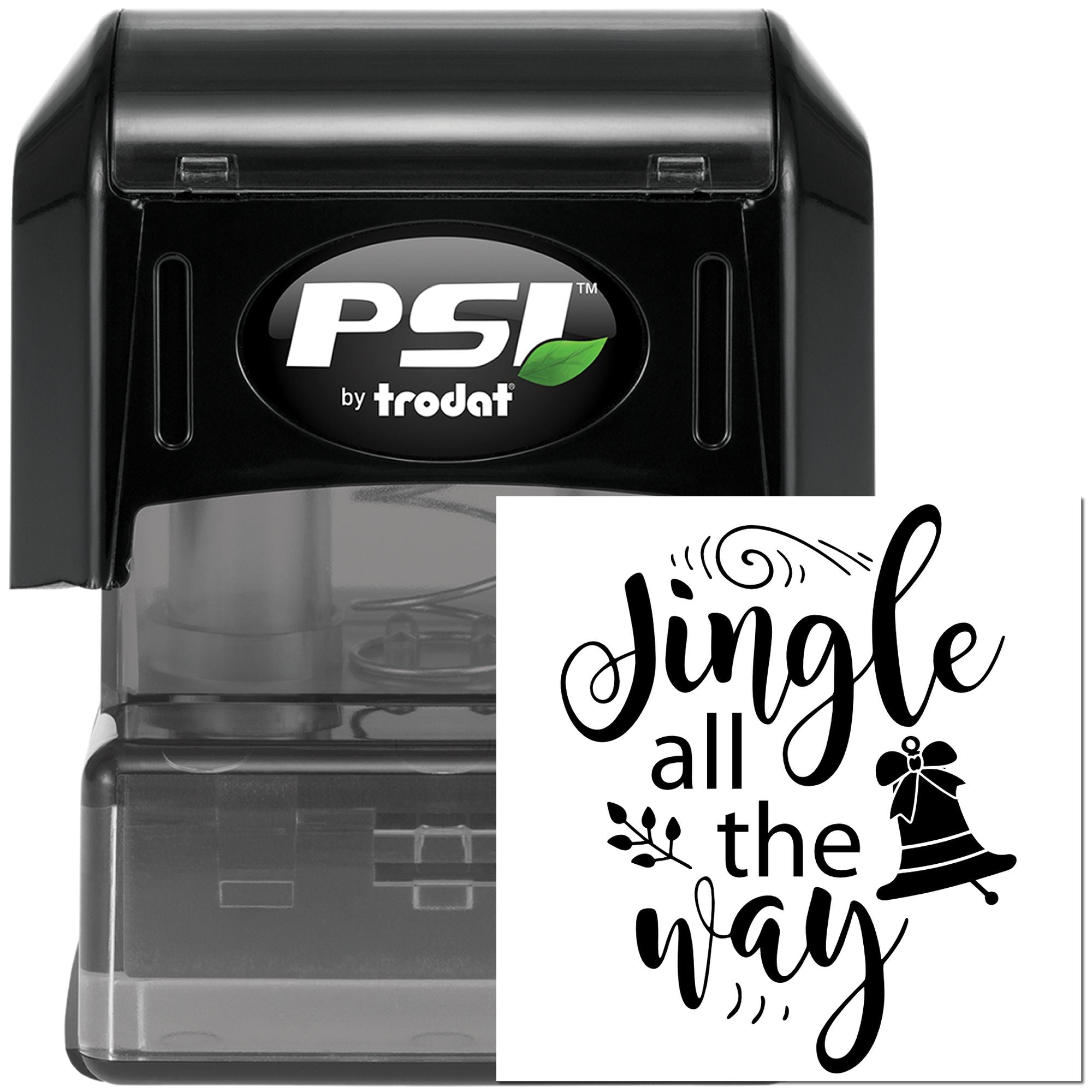 PSI by Trodat self-inking rubber stamp with Jingle all the Way Christmas design for festive cards and holiday packaging.