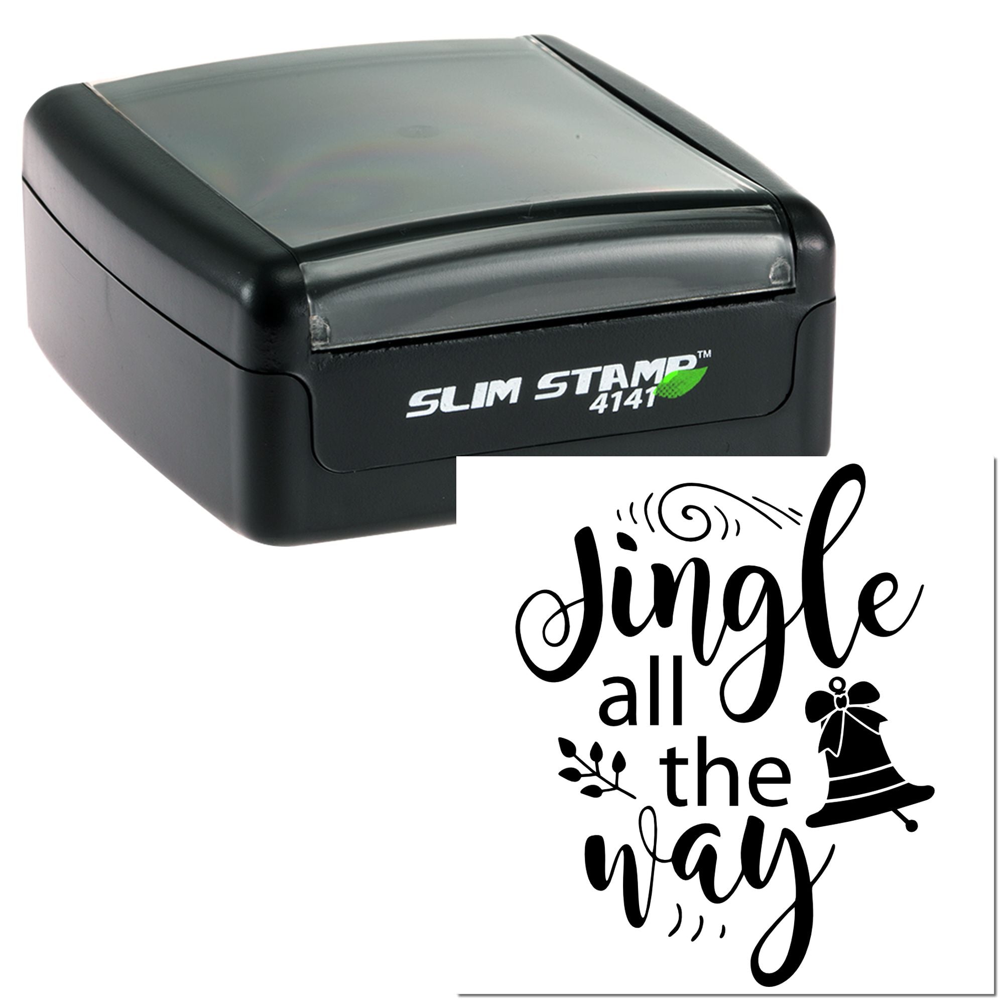 Self-inking rubber stamp with Jingle All the Way holiday design, Slim Stamp 4141, for Christmas crafts and custom stamping.