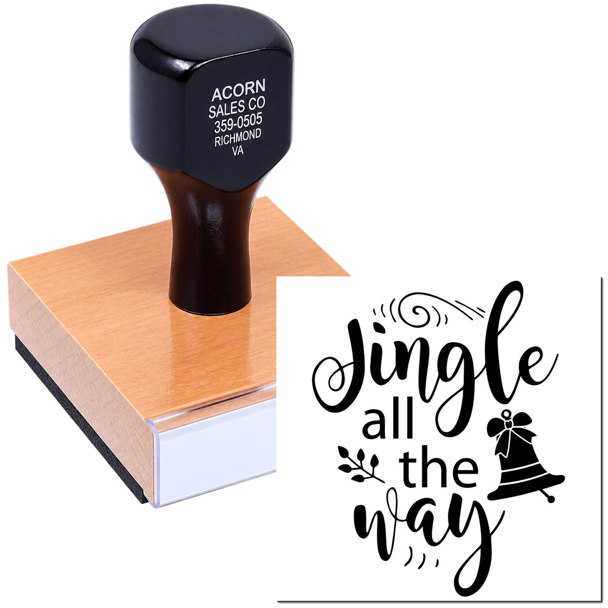 Custom Christmas rubber stamp with Jingle all the way design for holiday cards, gift tags, and festive packaging.