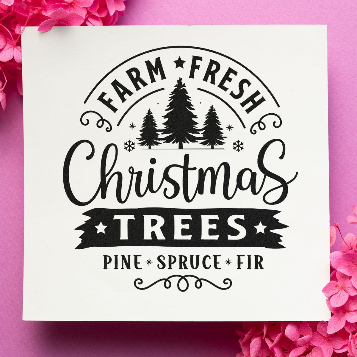 Farm Fresh Christmas Trees rubber stamp design with pine, spruce, and fir for holiday crafts and rustic gift packaging.