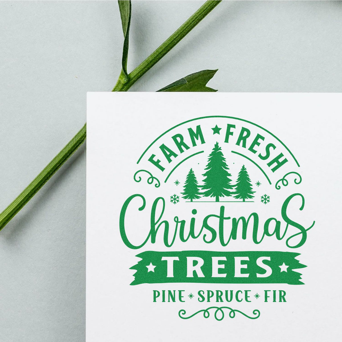 Farm Fresh Christmas Trees rubber stamp with pine, spruce and fir design for holiday packaging, crafts, and gift tags.
