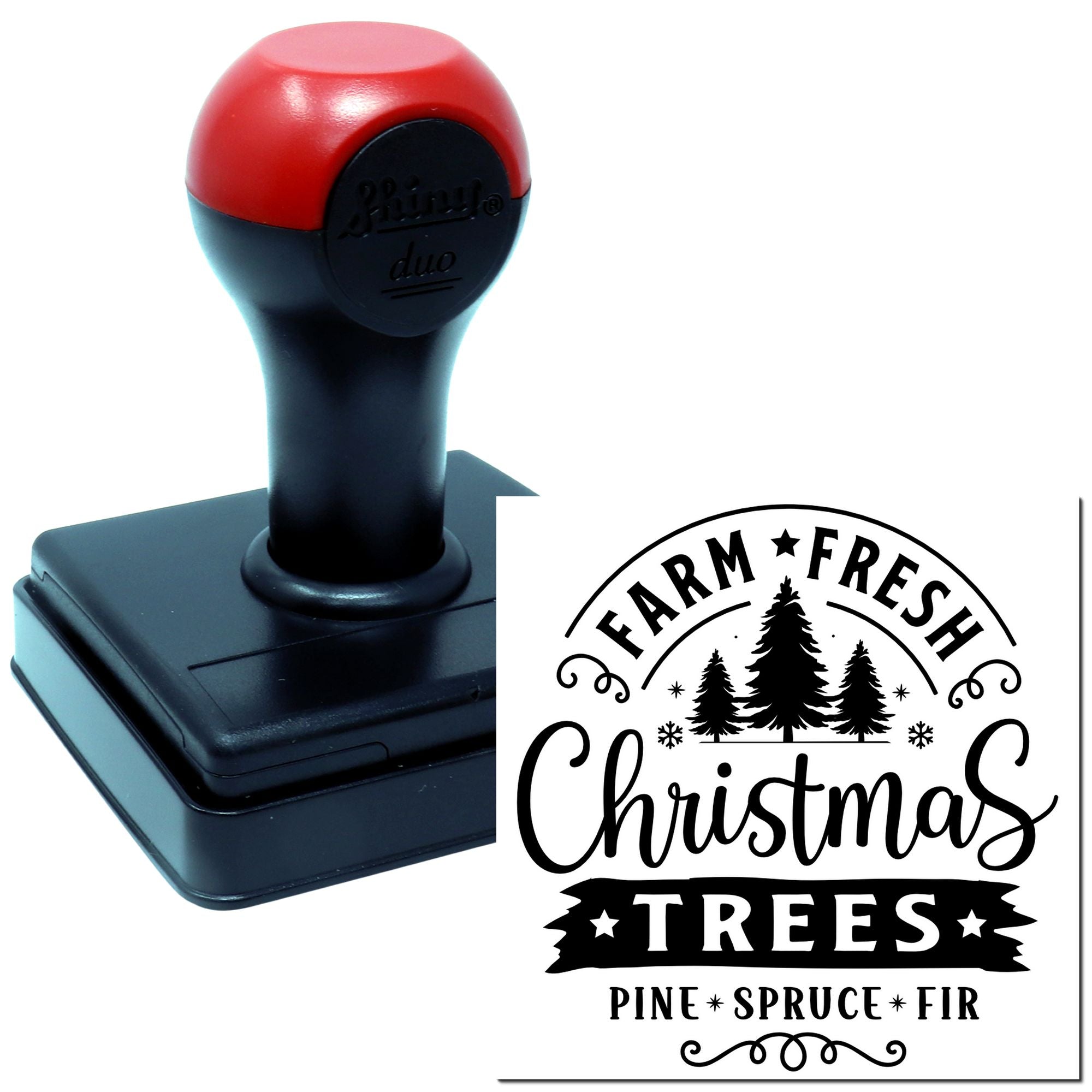 Custom self-inking rubber stamp with Farm Fresh Christmas Trees design for holiday packaging and craft branding