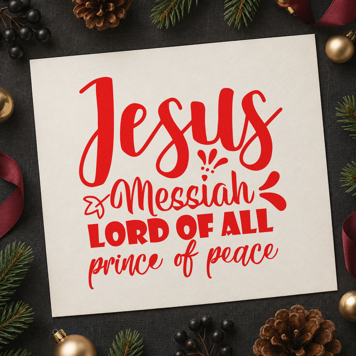 Jesus Messiah Prince Peace craft stamp in red ink on cardstock, an easy option for pulpit cloth printing.