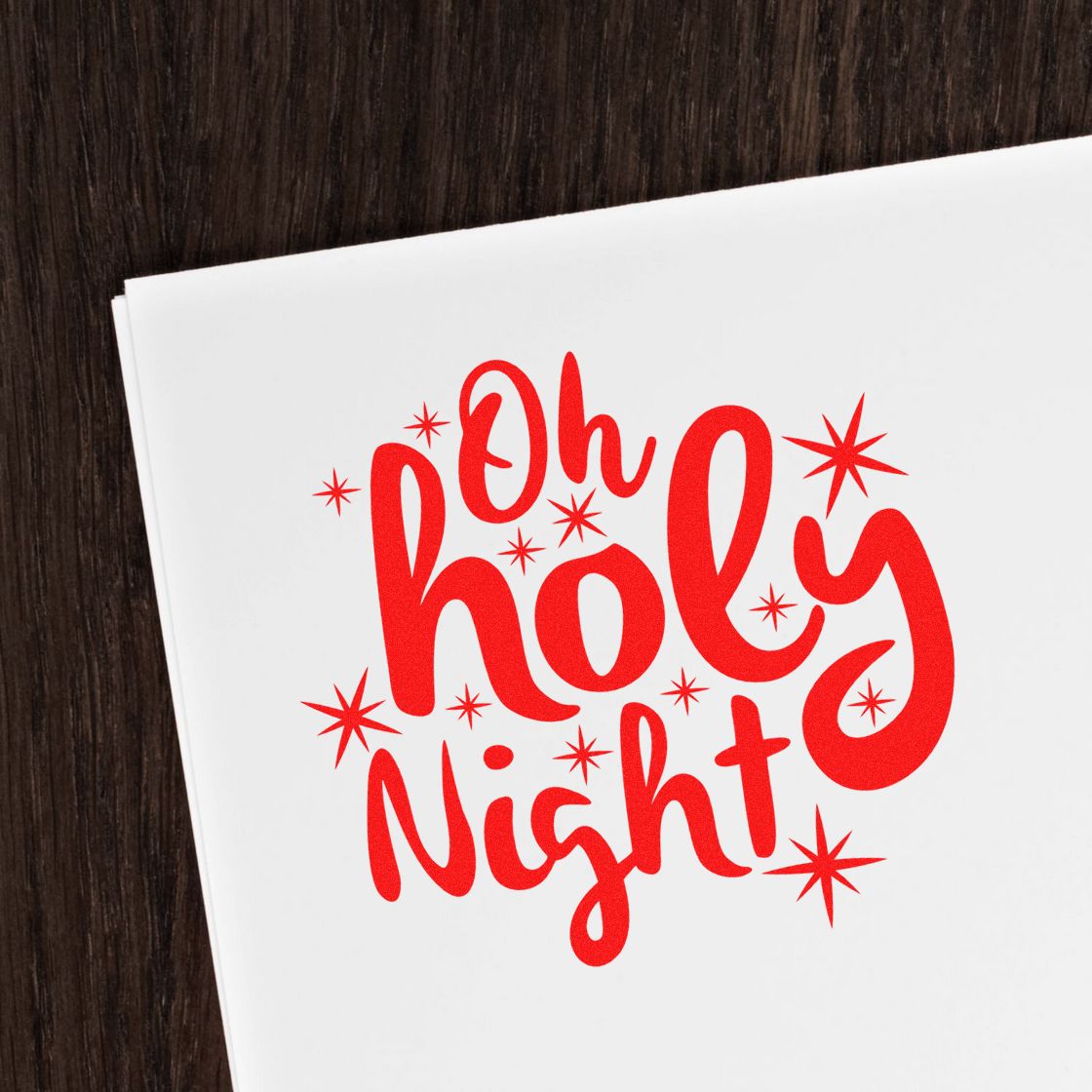 Oh Holy Night rubber stamp design in festive red script, ideal for Christmas cards, holiday crafts, and stationery.