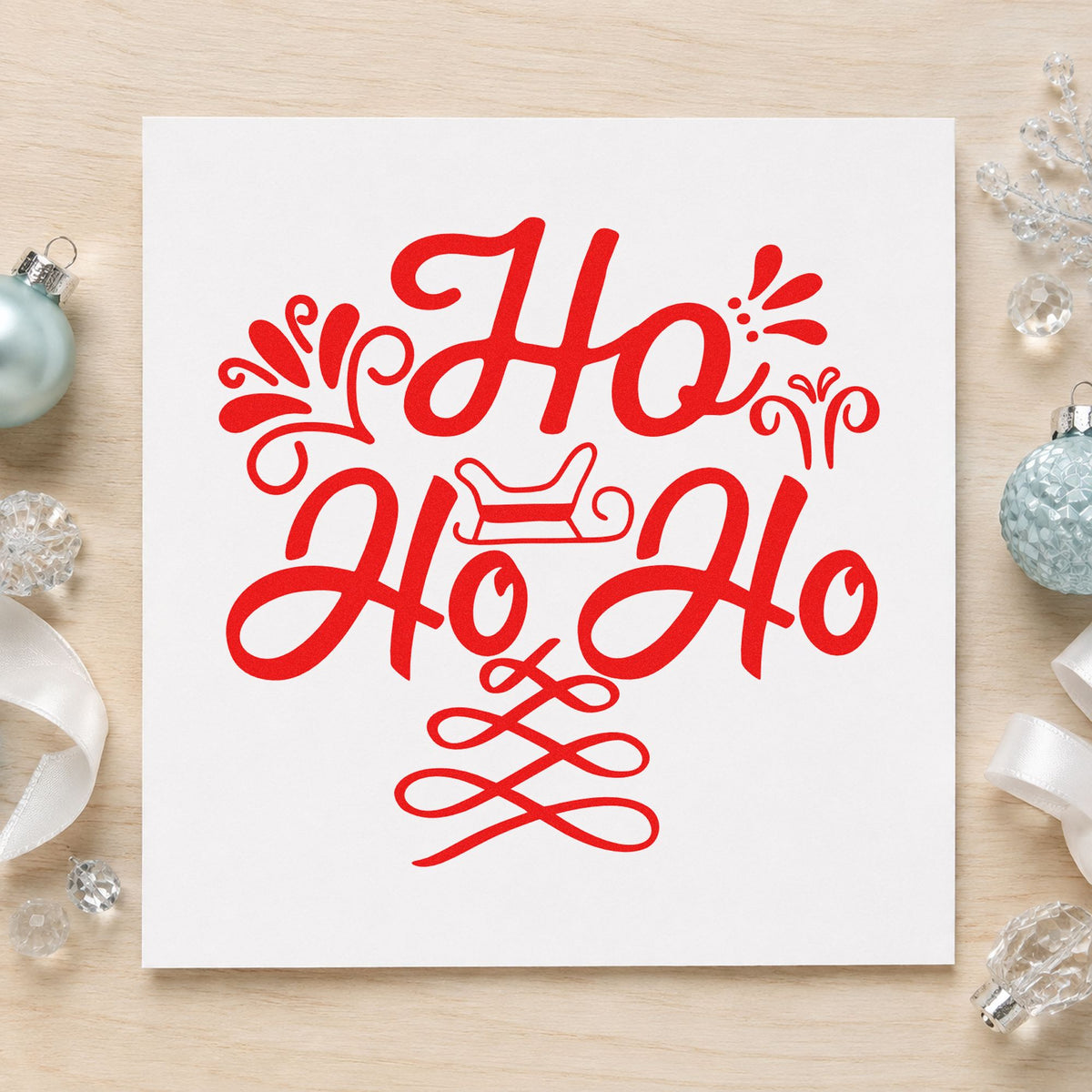 Ho Ho Ho Sleigh rubber stamp shown in red ink, stamped for projects such as greens crate labels.