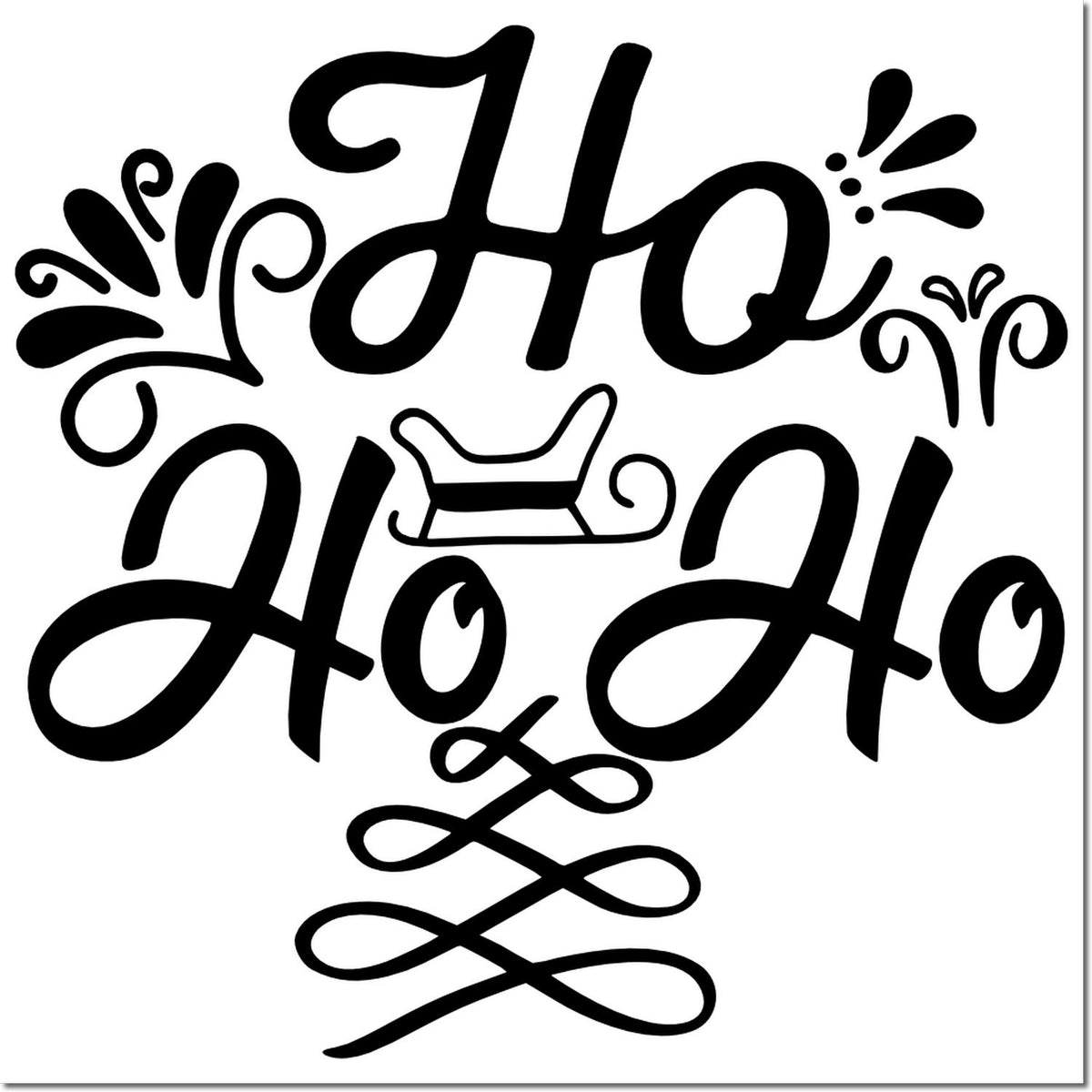 Ho Ho Ho Christmas rubber stamp design with festive lettering, sleigh and snowflake accents for holiday crafts.