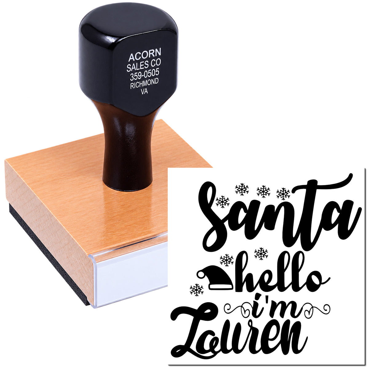 Custom Christmas rubber stamp with Santa, hello Im Lauren design for holiday cards and gift tags.