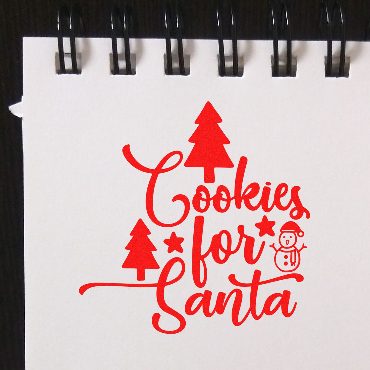 Cookies for Santa Christmas rubber stamp design with trees, stars and snowman in red on white paper
