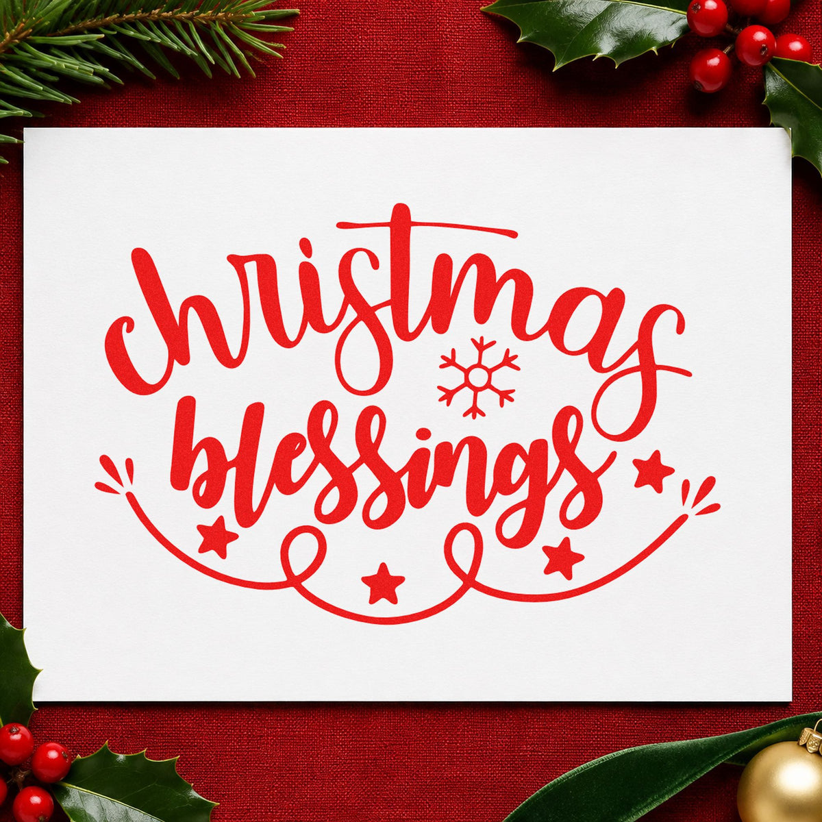 Christmas Blessings Snowflake craft stamp in red ink on cardstock, an easy option for altar runner printing.