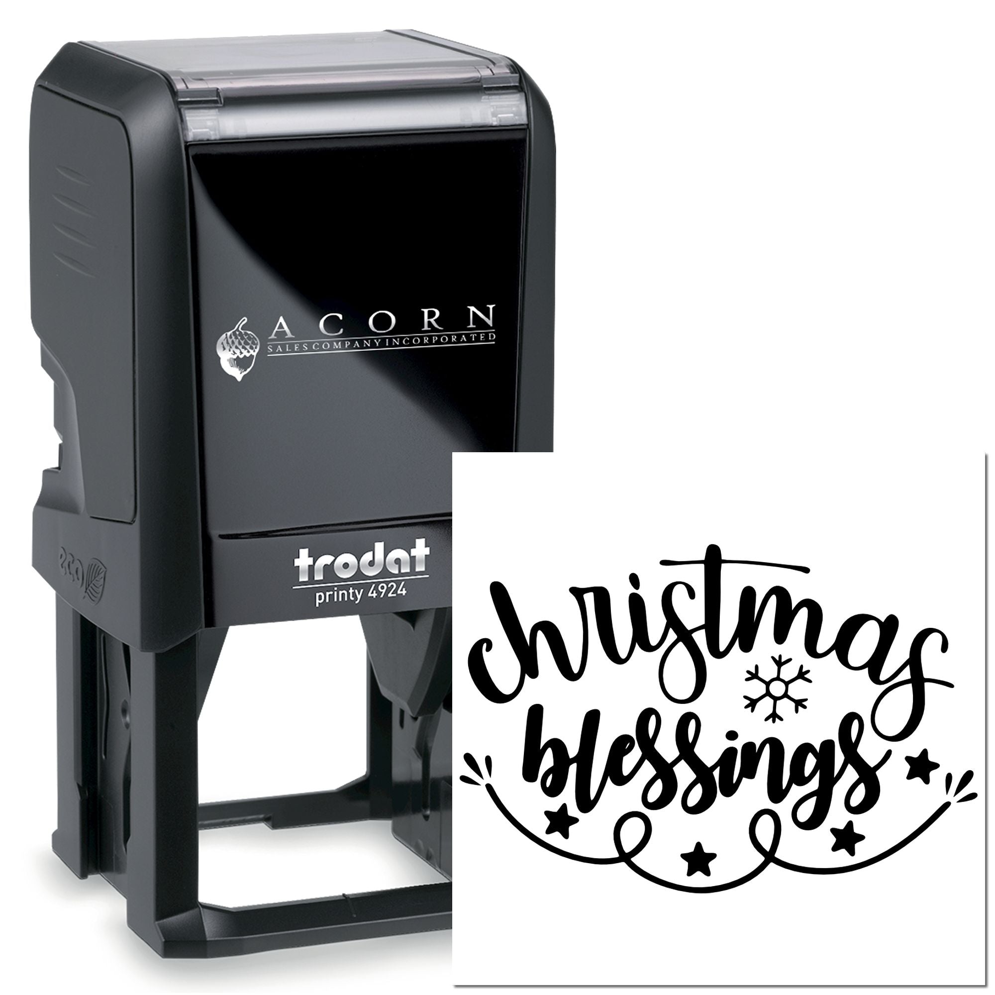 Self-inking Trodat rubber stamp with custom Christmas Blessings design for holiday cards, crafts, and packaging.