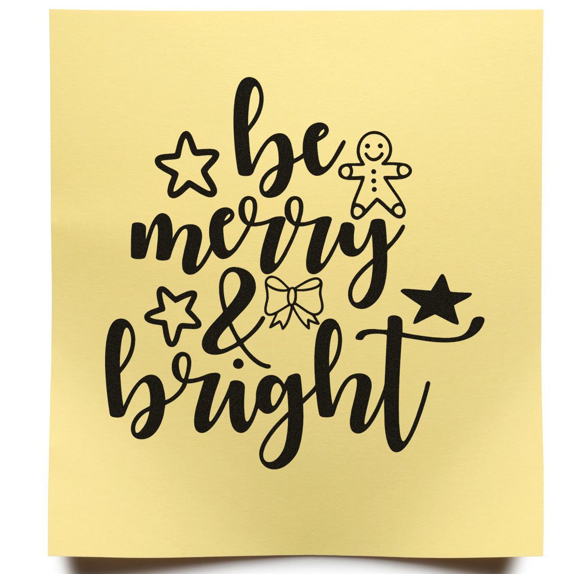 Be Merry & Bright Christmas rubber stamp design with stars, gingerbread man and bow for holiday cards and crafts.