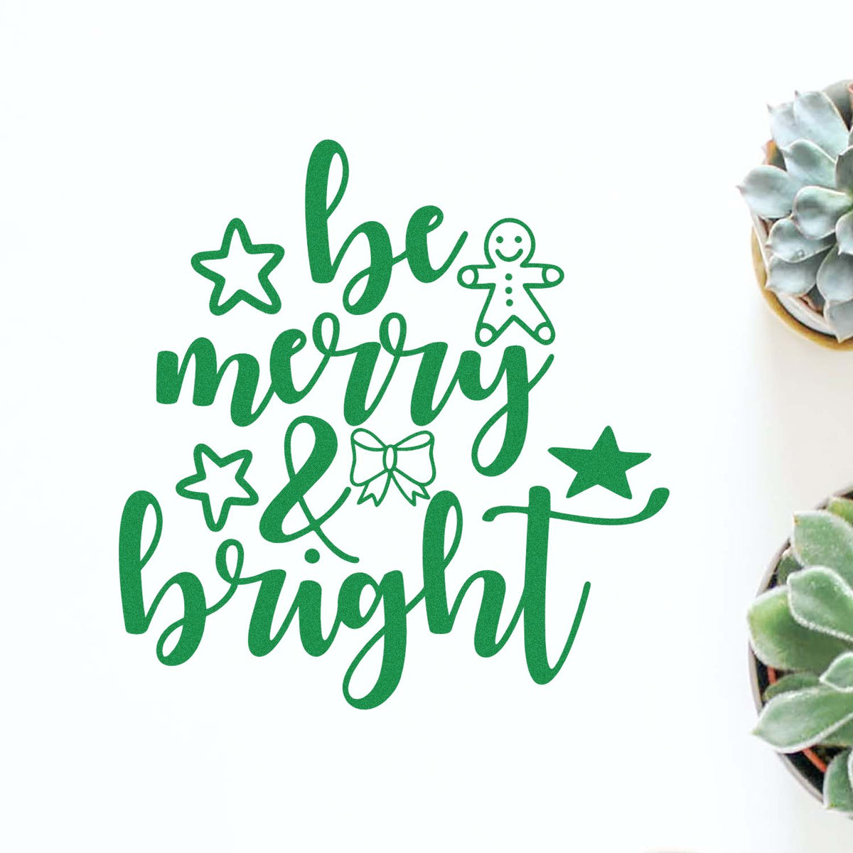 Be Merry & Bright Christmas rubber stamp design with stars, gingerbread man and bow for festive holiday cards and crafts.