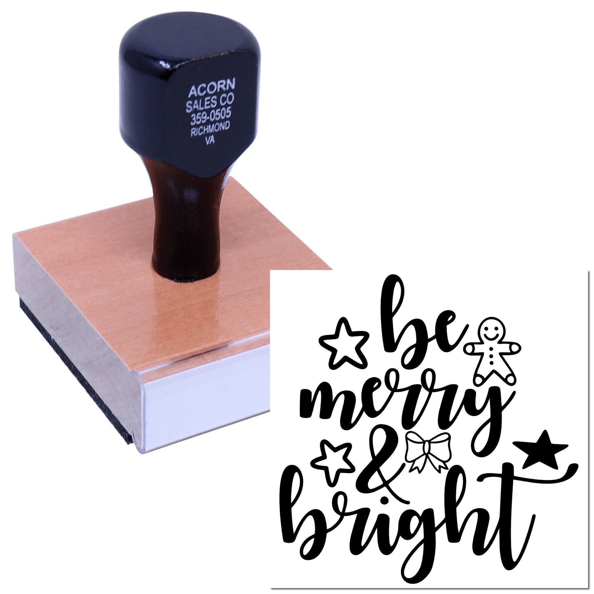 Custom holiday rubber stamp with "Be Merry & Bright" design for Christmas cards, crafts, and gift packaging.