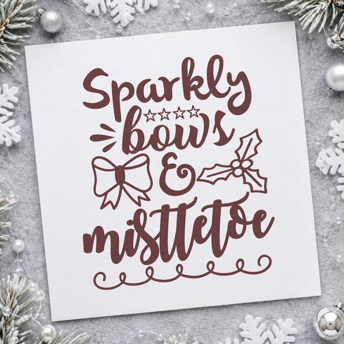 Sparkly Bows And Mistletoe rubber stamp printed in brown ink, ready for trim order sheet and similar paper crafts.