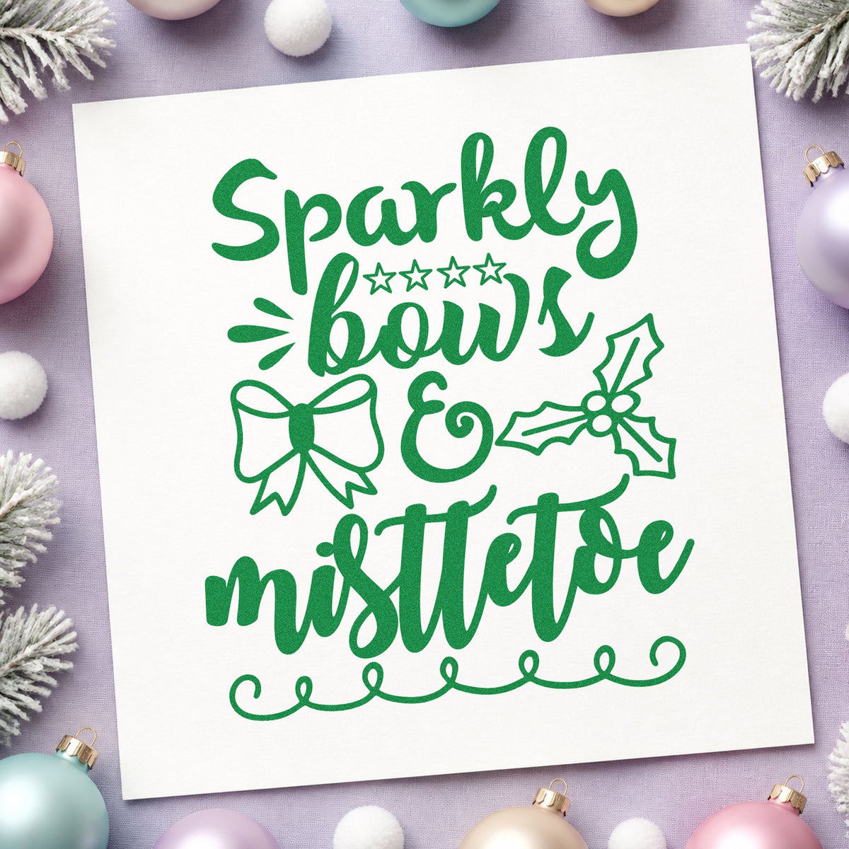 Sparkly Bows And Mistletoe craft stamp imprinted in green ink on paper, a design suited to framed vanity tray.