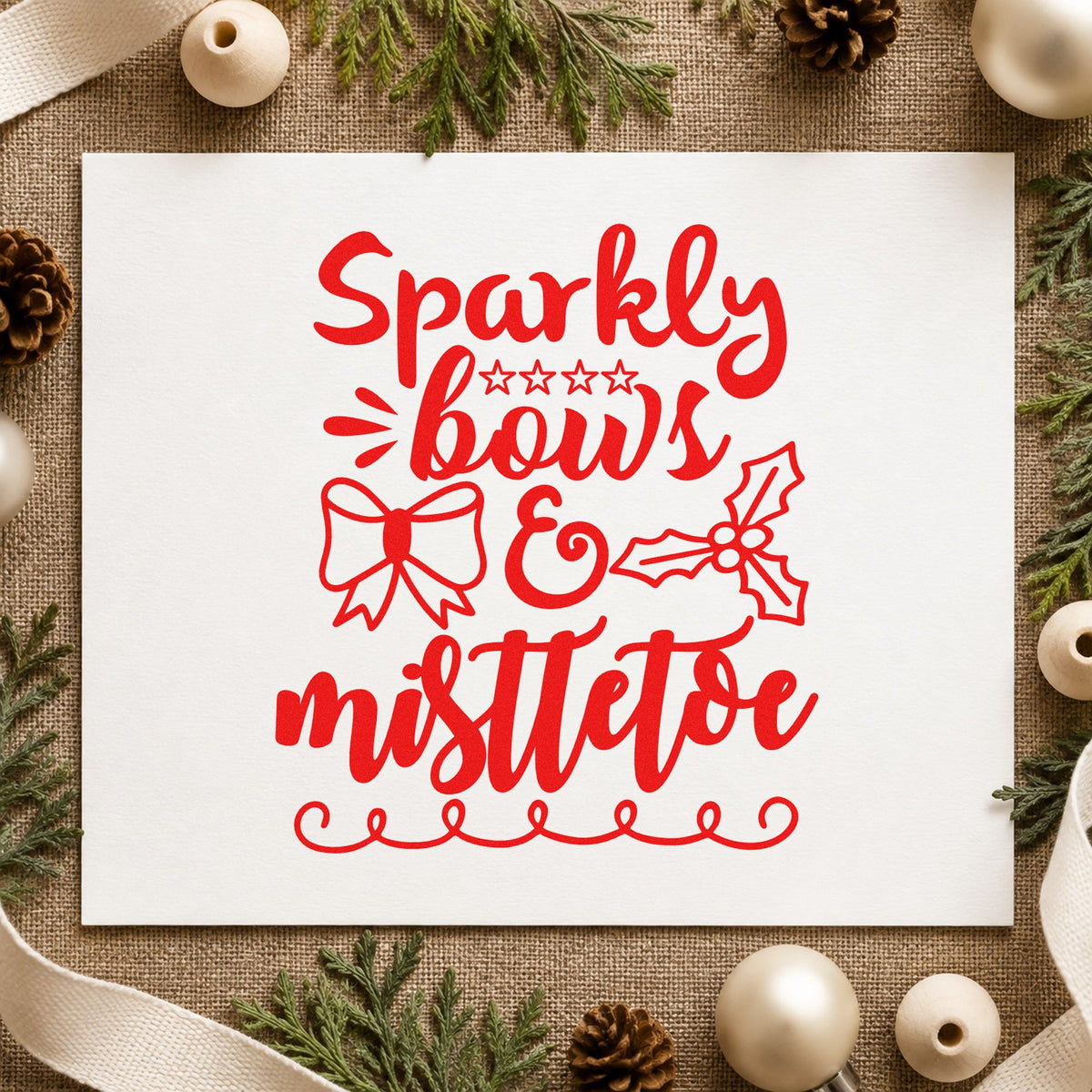 Sparkly Bows And Mistletoe rubber stamp shown in red ink, stamped for projects such as glitter tube labels.