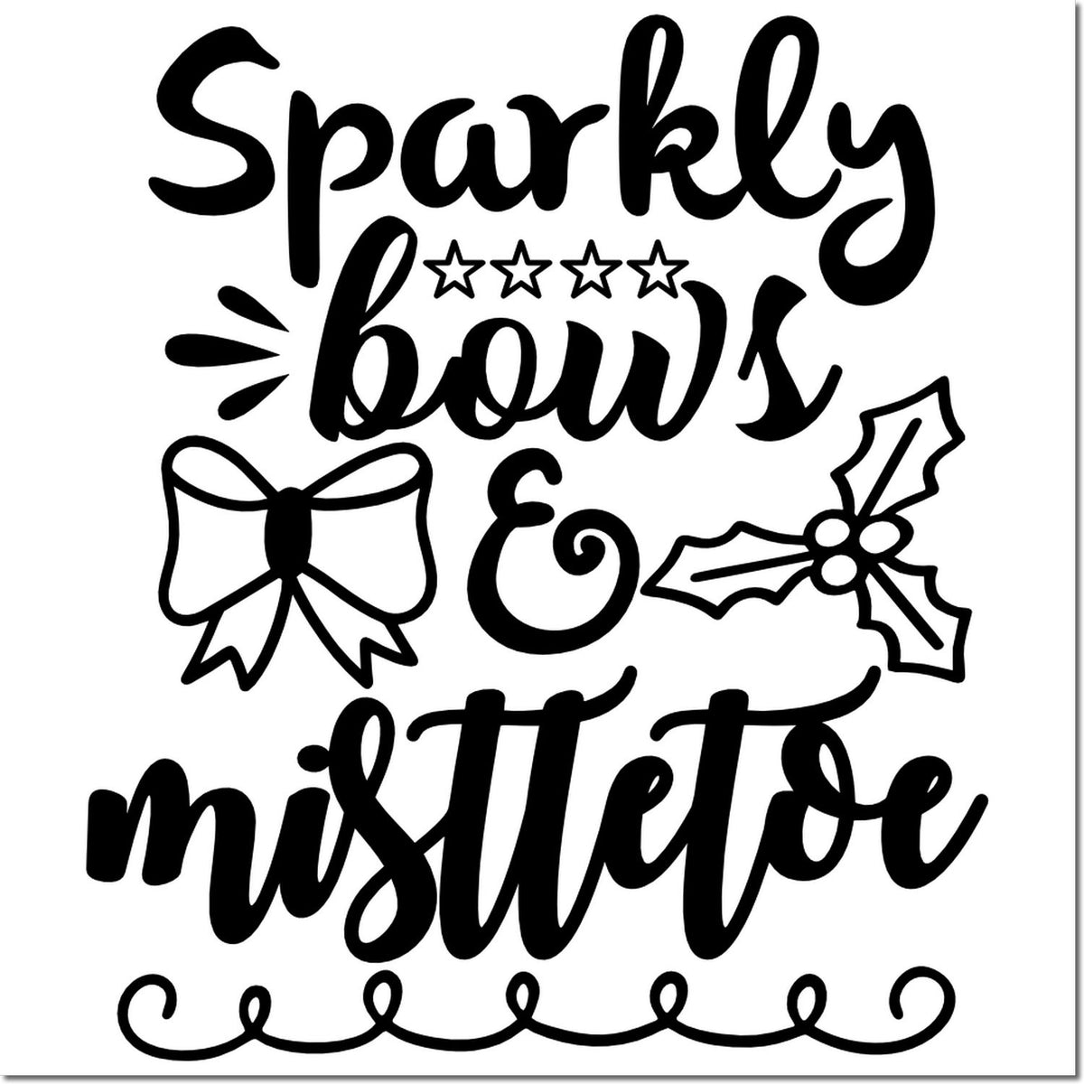 Sparkly bows and mistletoe Christmas rubber stamp design with festive script, bow, holly, and decorative stars.