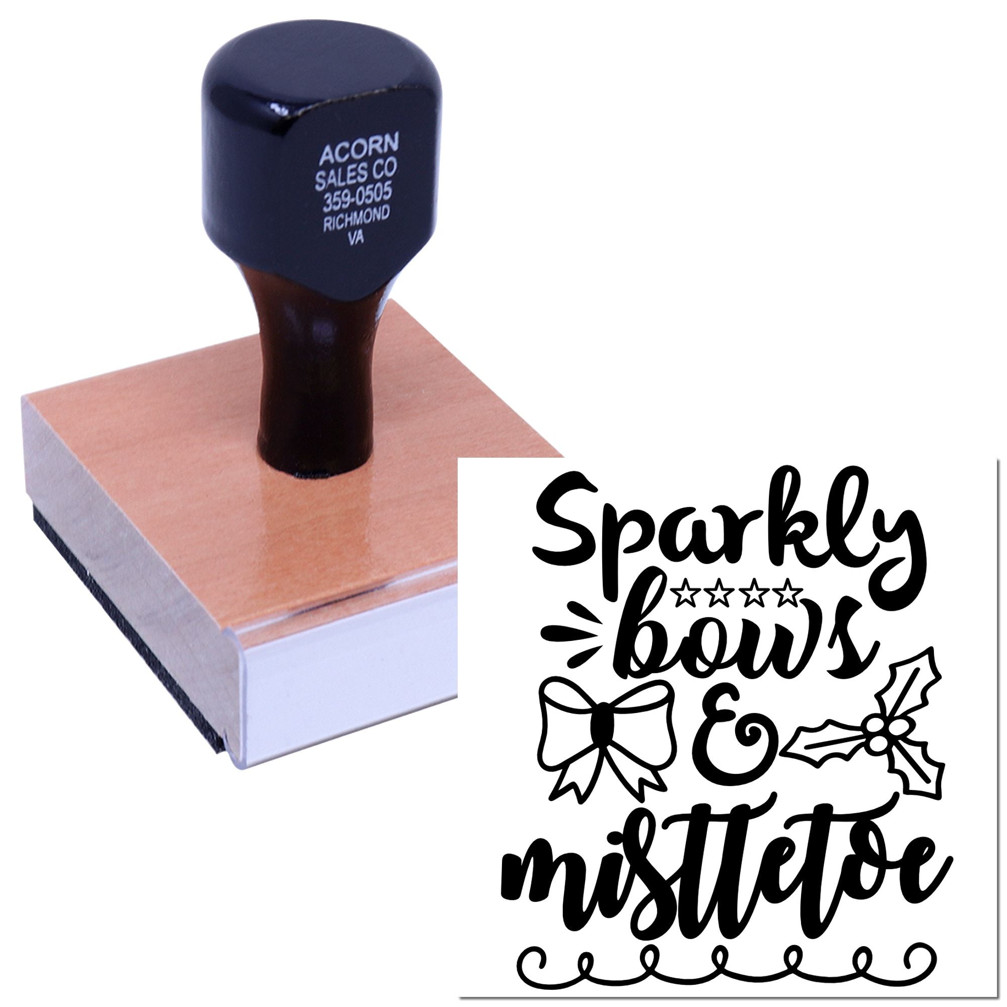 Custom rubber stamp with Sparkly bows and mistletoe holiday design, ideal for Christmas card crafting and gift wrapping.