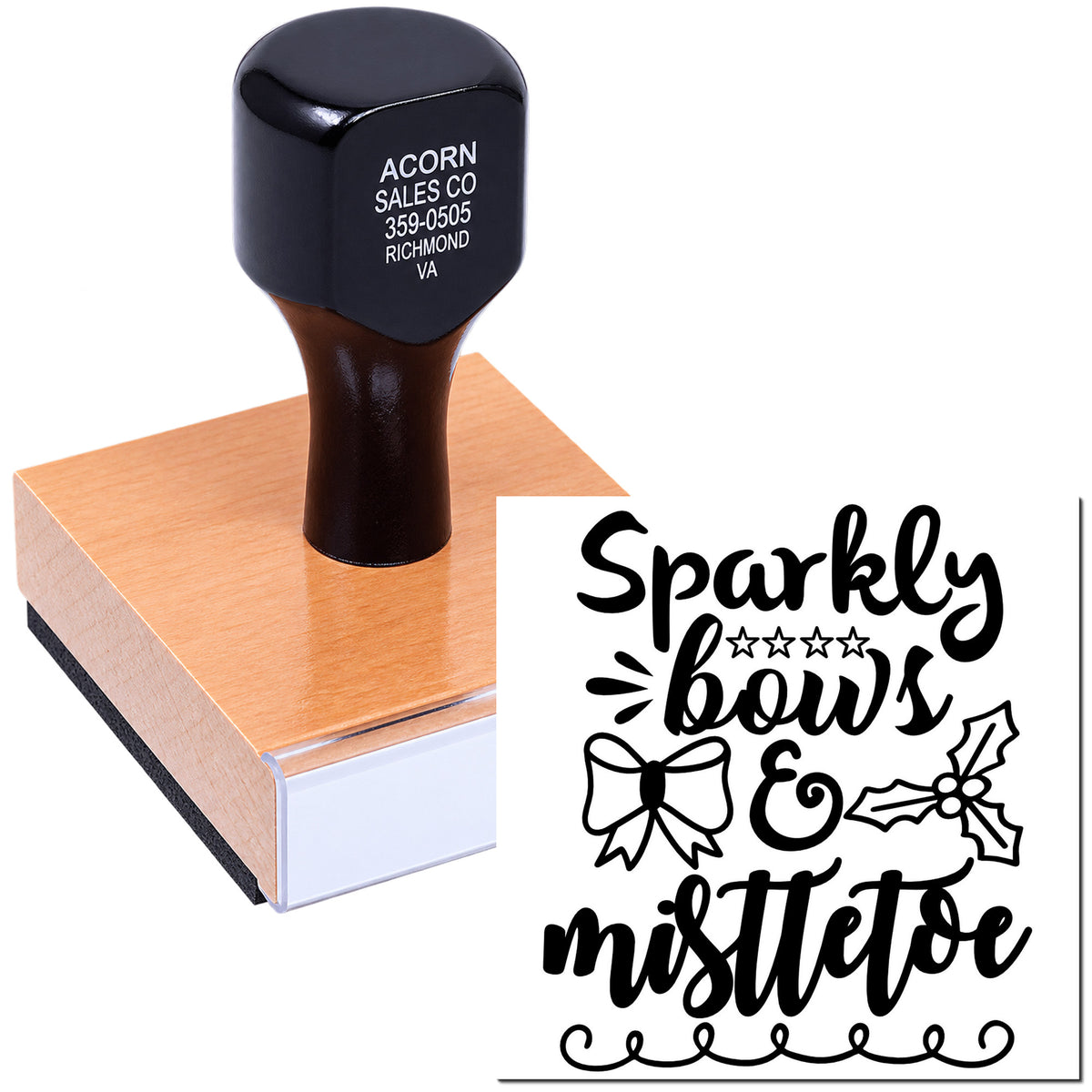 Custom rubber stamp with Sparkly bows and mistletoe holiday design, ideal for Christmas card crafting and gift wrapping.