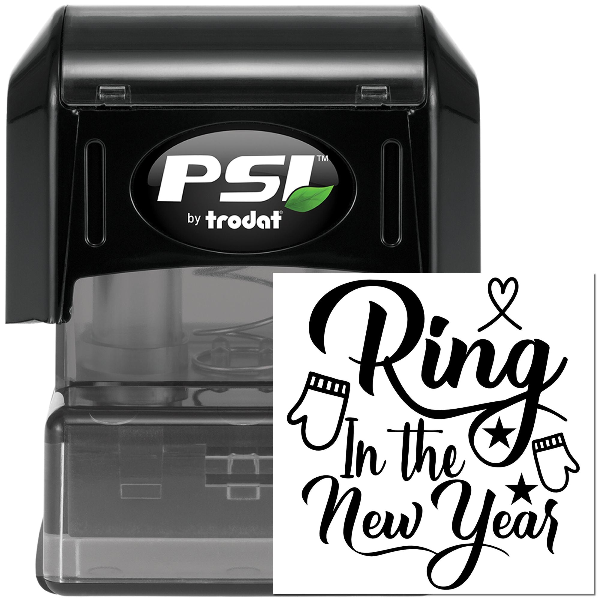 PSI by Trodat self-inking rubber stamp with Ring In the New Year design for holiday cards, crafts, and seasonal packaging