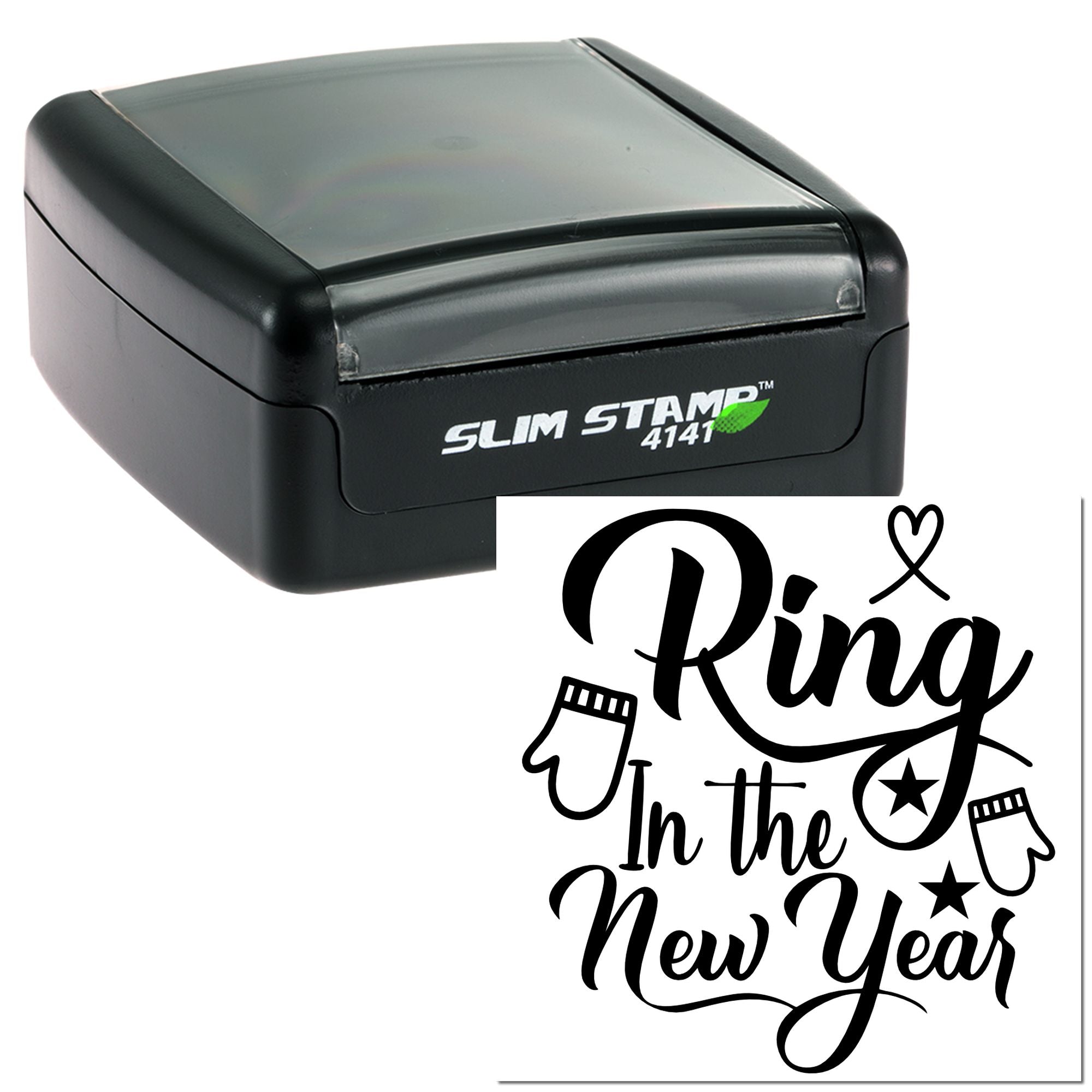Self-inking rubber stamp with Ring In the New Year design for holiday cards, crafts, and event stationery.