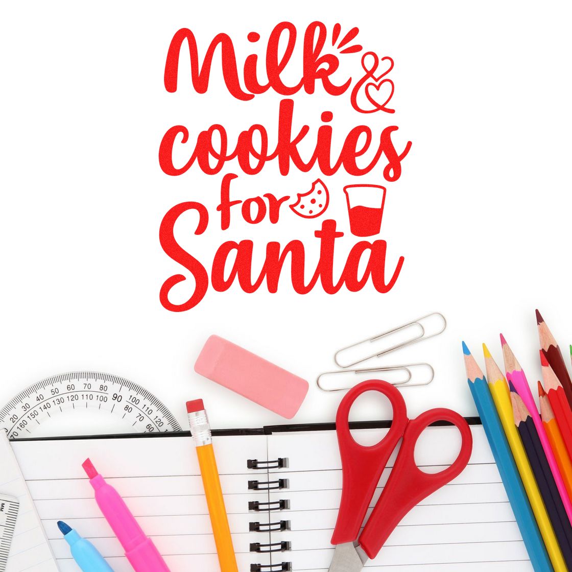 Milk and cookies for Santa rubber stamp design in red script for holiday baking, Christmas crafts, and gift tags.