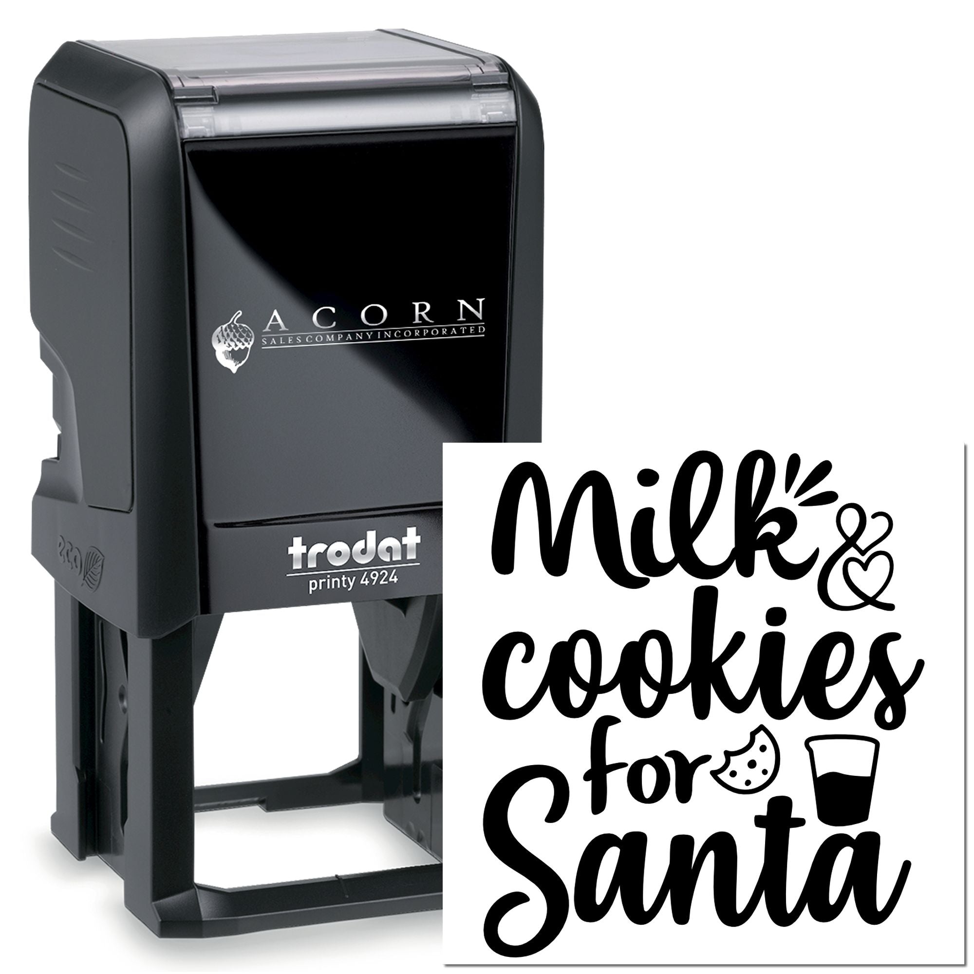 Custom self-inking rubber stamp with Milk & Cookies for Santa design, ideal for holiday cards, gifts, and bakery packaging.