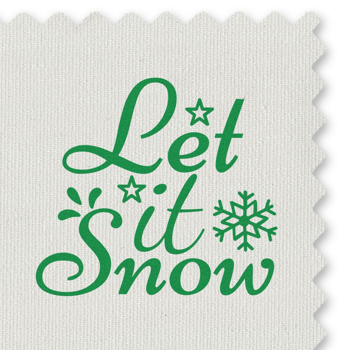 Let It Snow holiday rubber stamp design in green script with snowflake on textured fabric background for winter crafts.