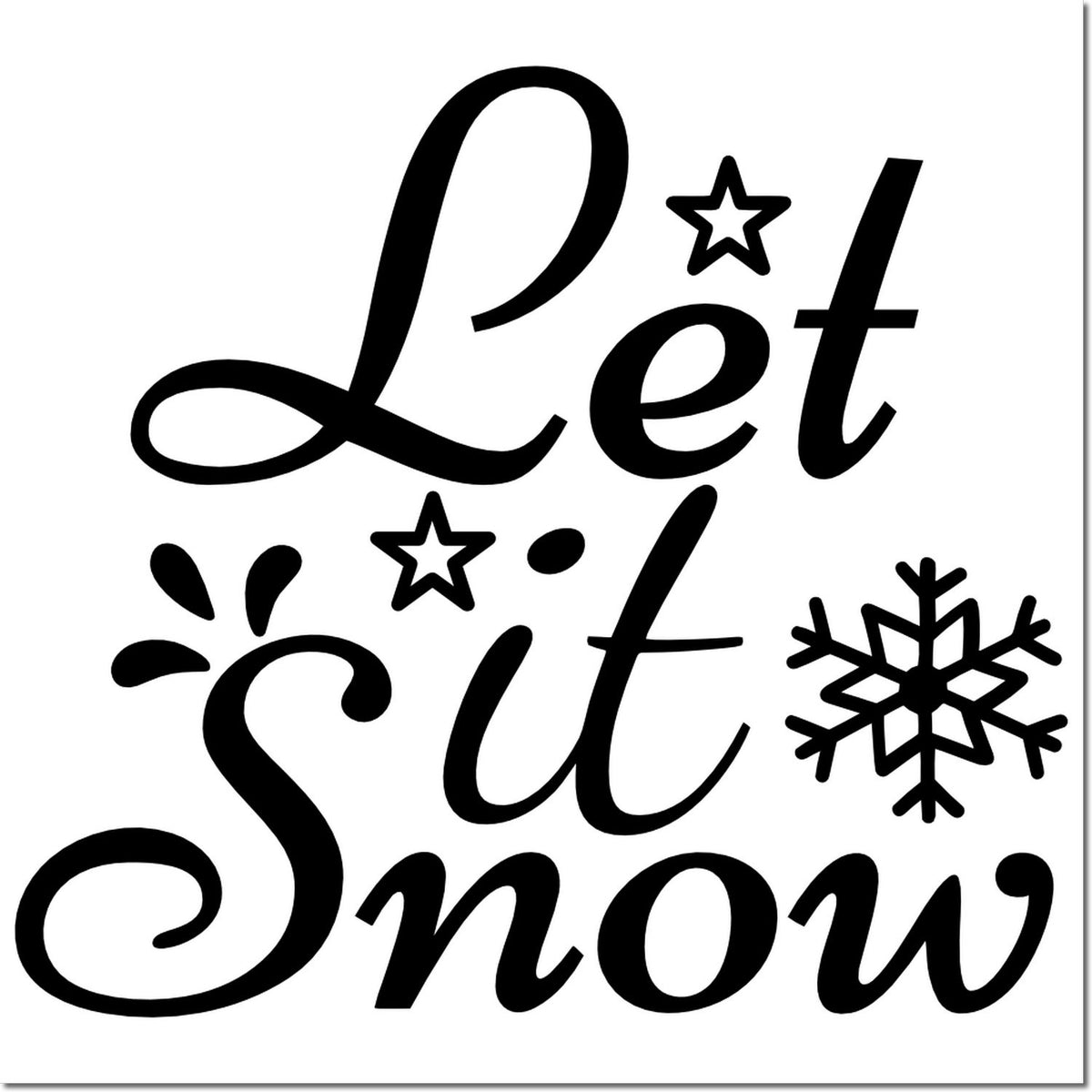 Winter holiday rubber stamp design with Let it Snow script, stars, and snowflake for holiday cards.