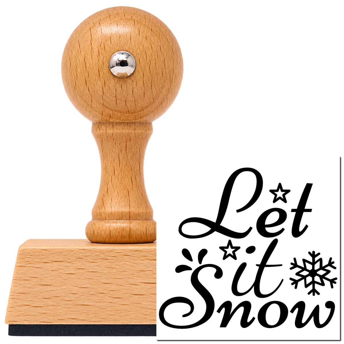 Let It Snow Vintage Pro rubber stamp in European beech wood with a round knob handle, shown beside its black imprint.