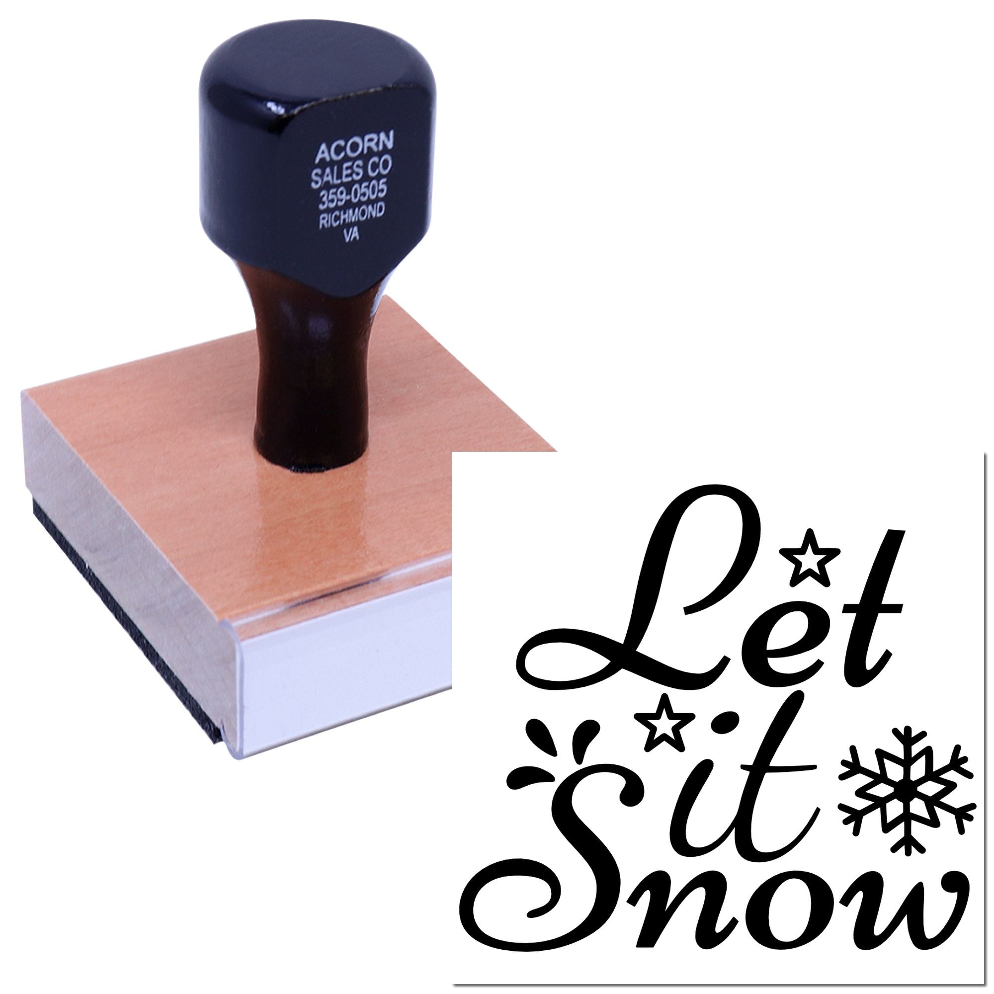 Custom rubber stamp with business imprint and Let It Snow seasonal design for holiday cards and crafts.