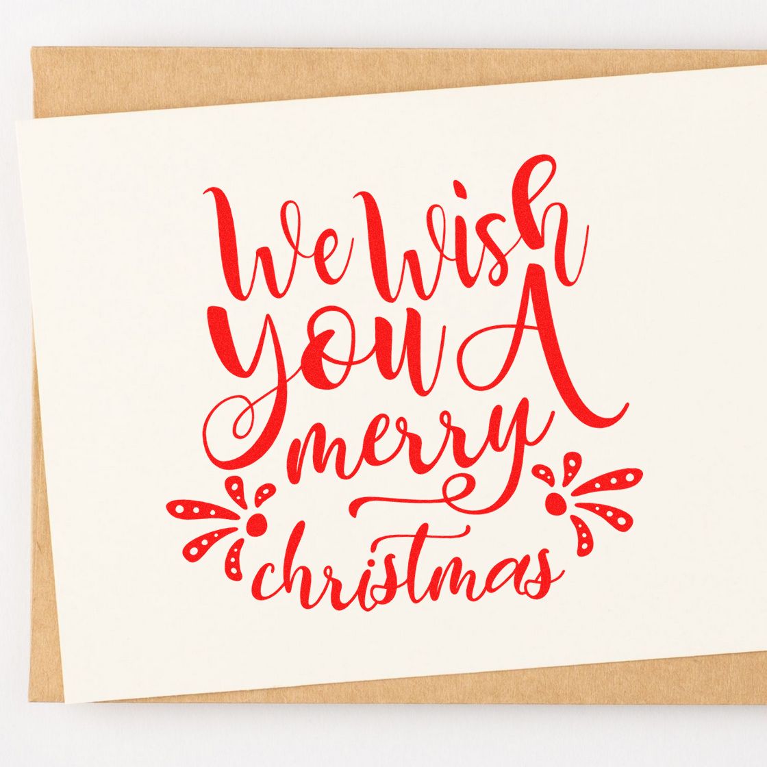 Red We Wish You a Merry Christmas rubber stamp design for holiday cards, scrapbooking, and festive handmade crafts.