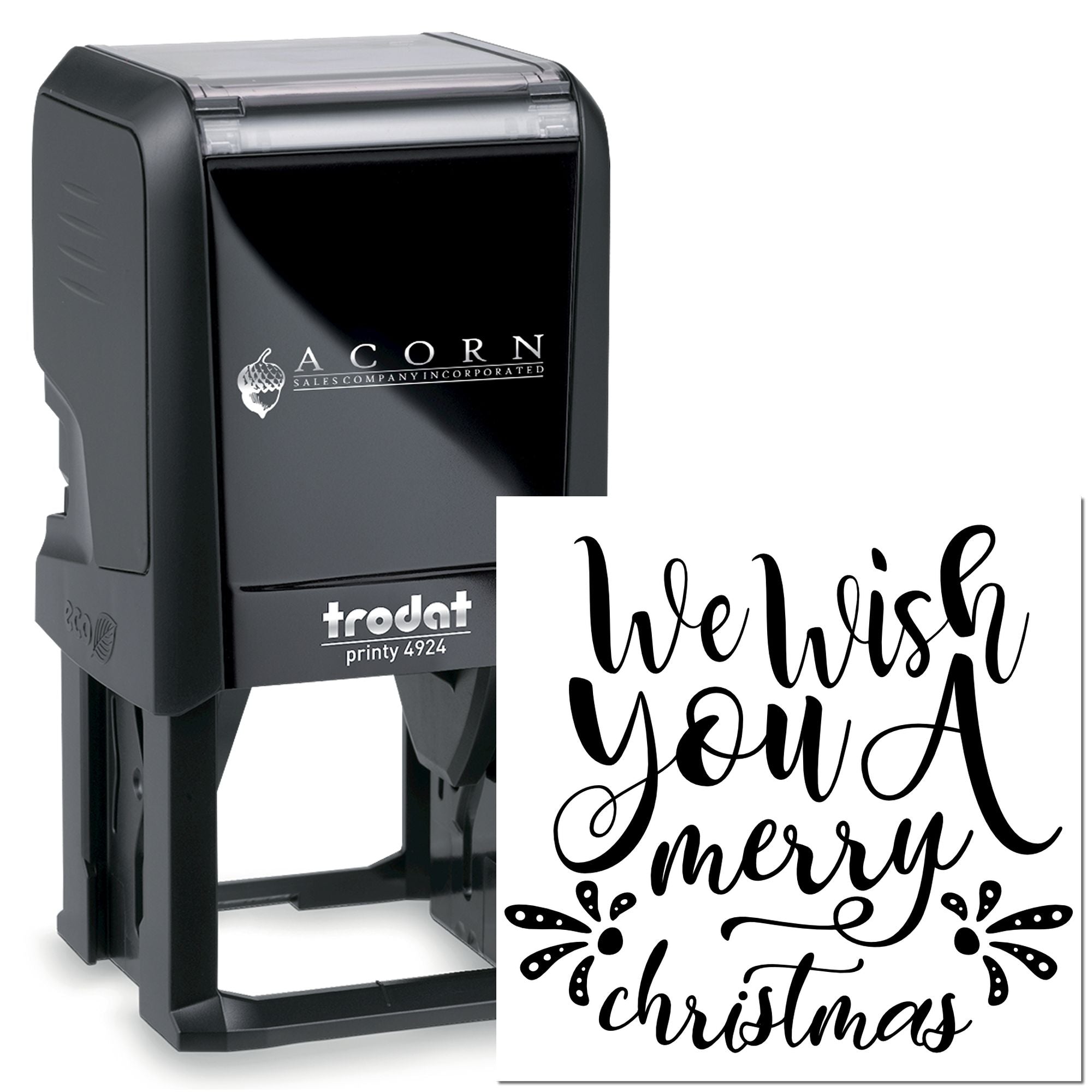 Custom self-inking rubber stamp for Christmas cards with We Wish You a Merry Christmas holiday greeting.