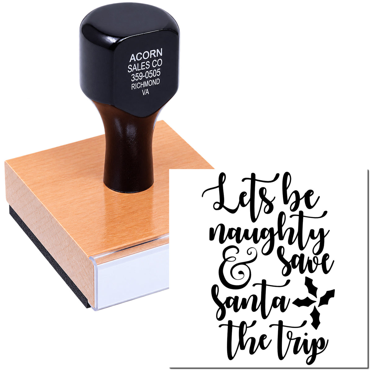 Custom Christmas rubber stamp with Lets be naughty & save Santa the trip holiday message for cards, gifts, and crafts.