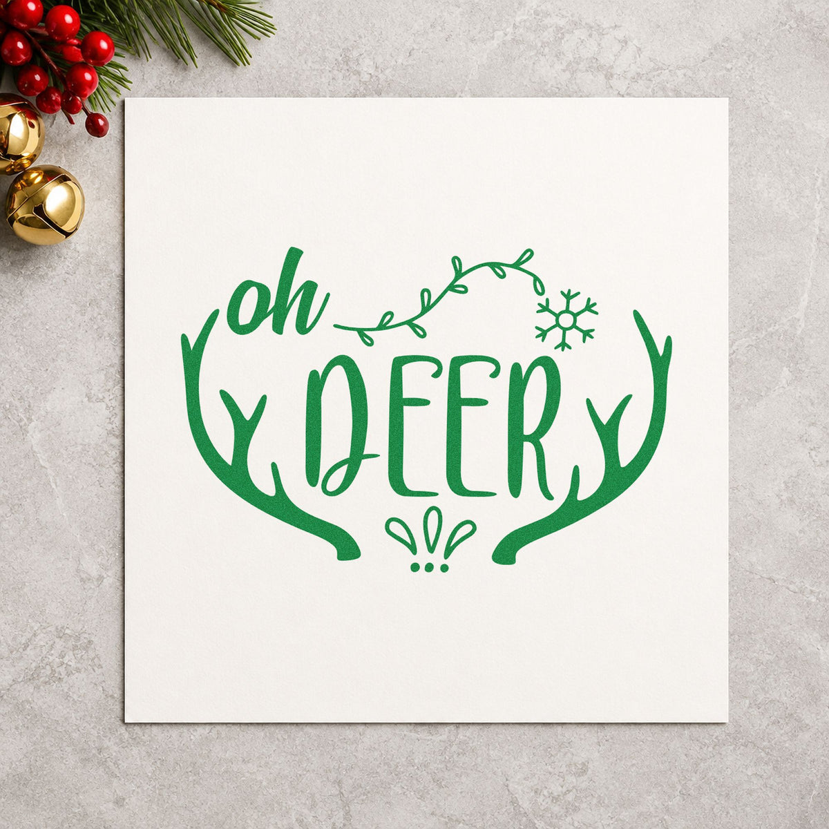 Oh Deer Antler Frame craft stamp imprint in green ink on a handmade project, one idea being curved top tags.