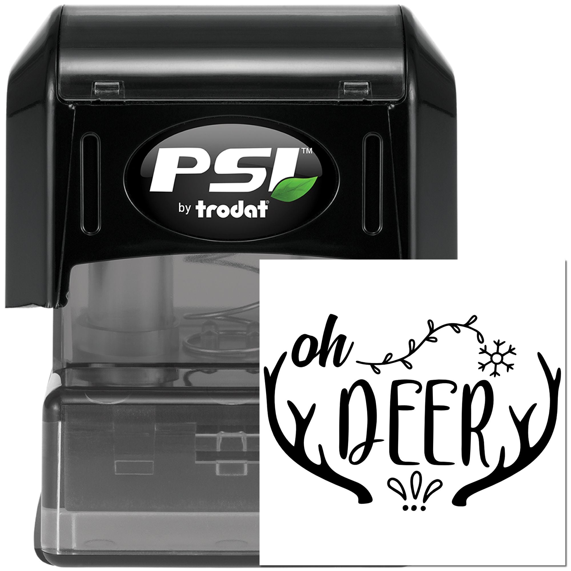 Self-inking rubber stamp with oh DEER holiday deer design for cards, crafts, and festive paper projects.