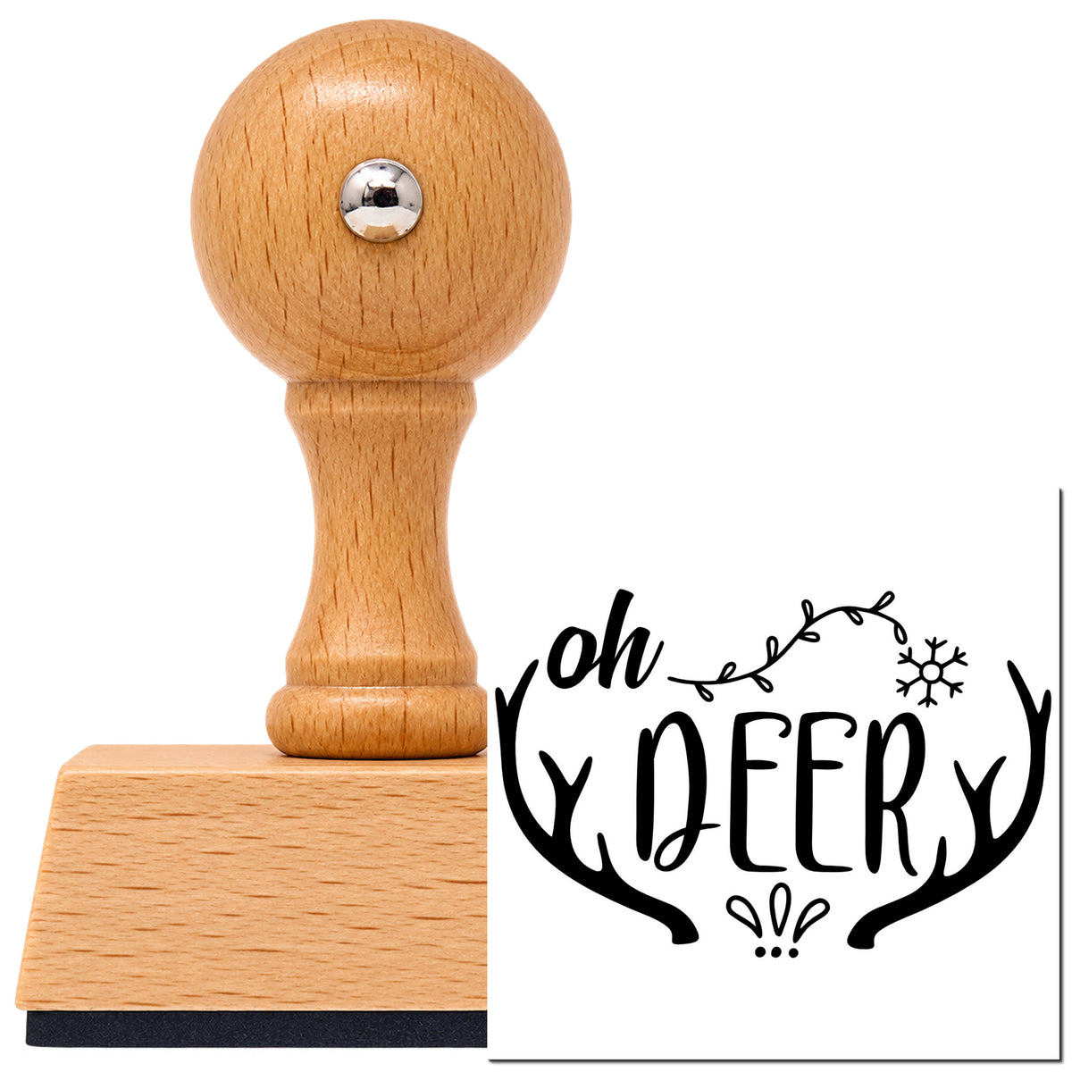 Oh Deer Antler Frame Vintage Pro rubber stamp in European beech wood with a round knob handle, shown beside its black imprint.