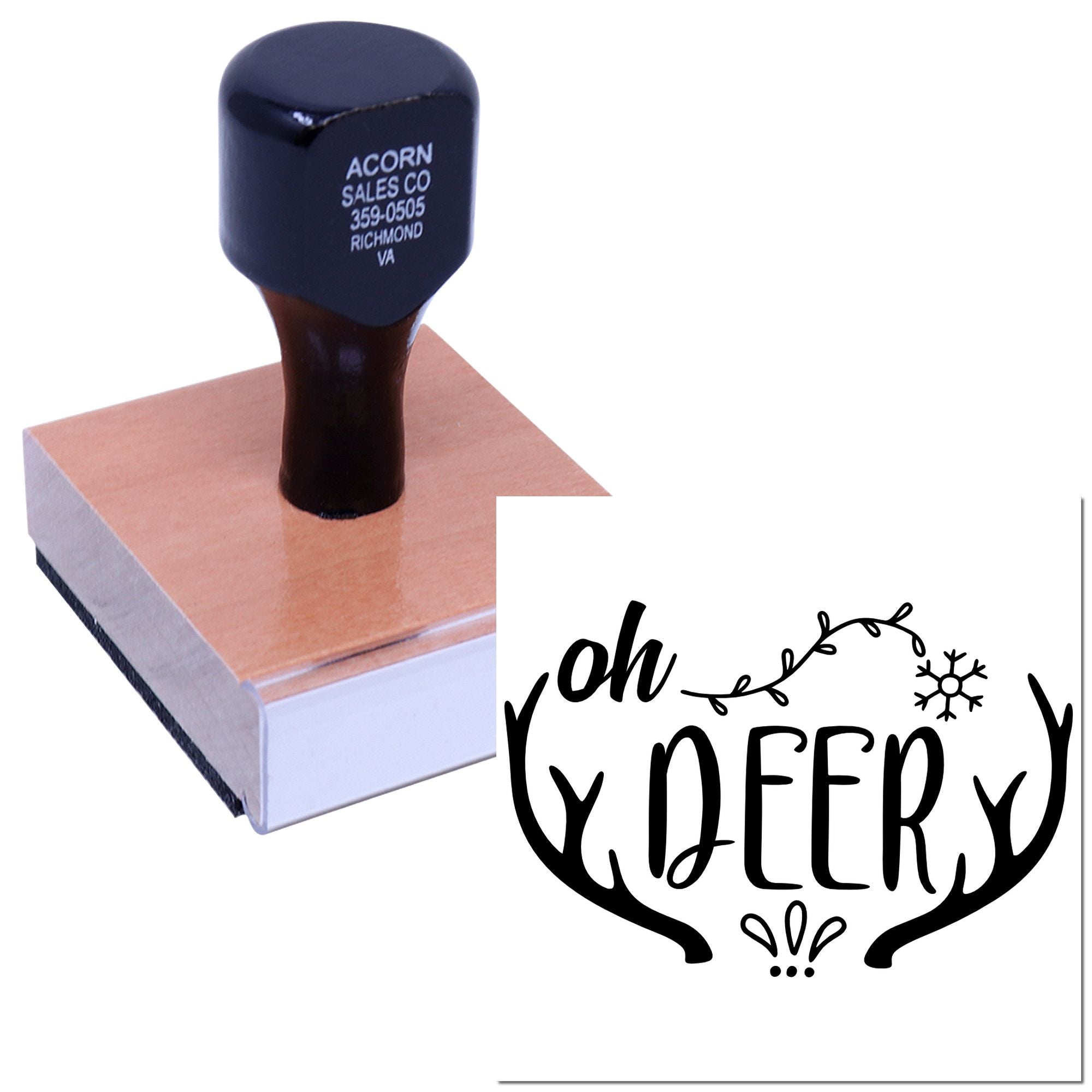 Custom rubber stamp with oh DEER antler design for Christmas cards, holiday crafts, and handmade seasonal projects.
