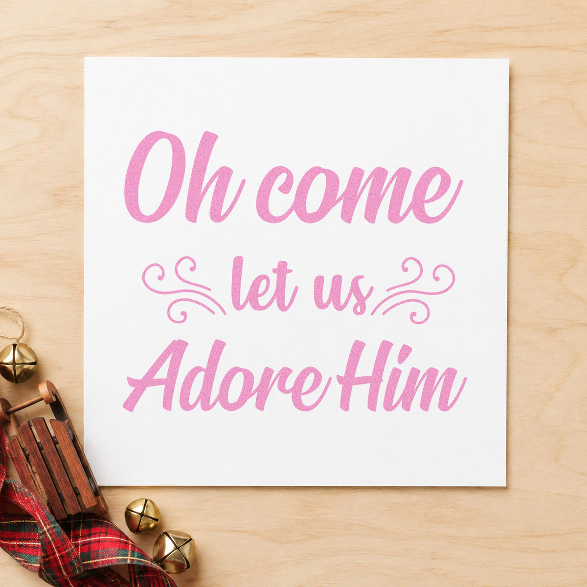 Oh Come Let Us Adore Him craft stamp in purple ink on cardstock, an easy option for worship set album.