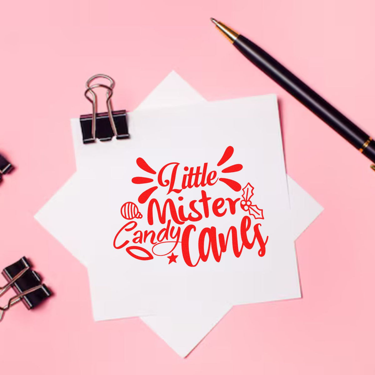 Christmas rubber stamp design reading Little Mister Candy Canes in red script for holiday card making.