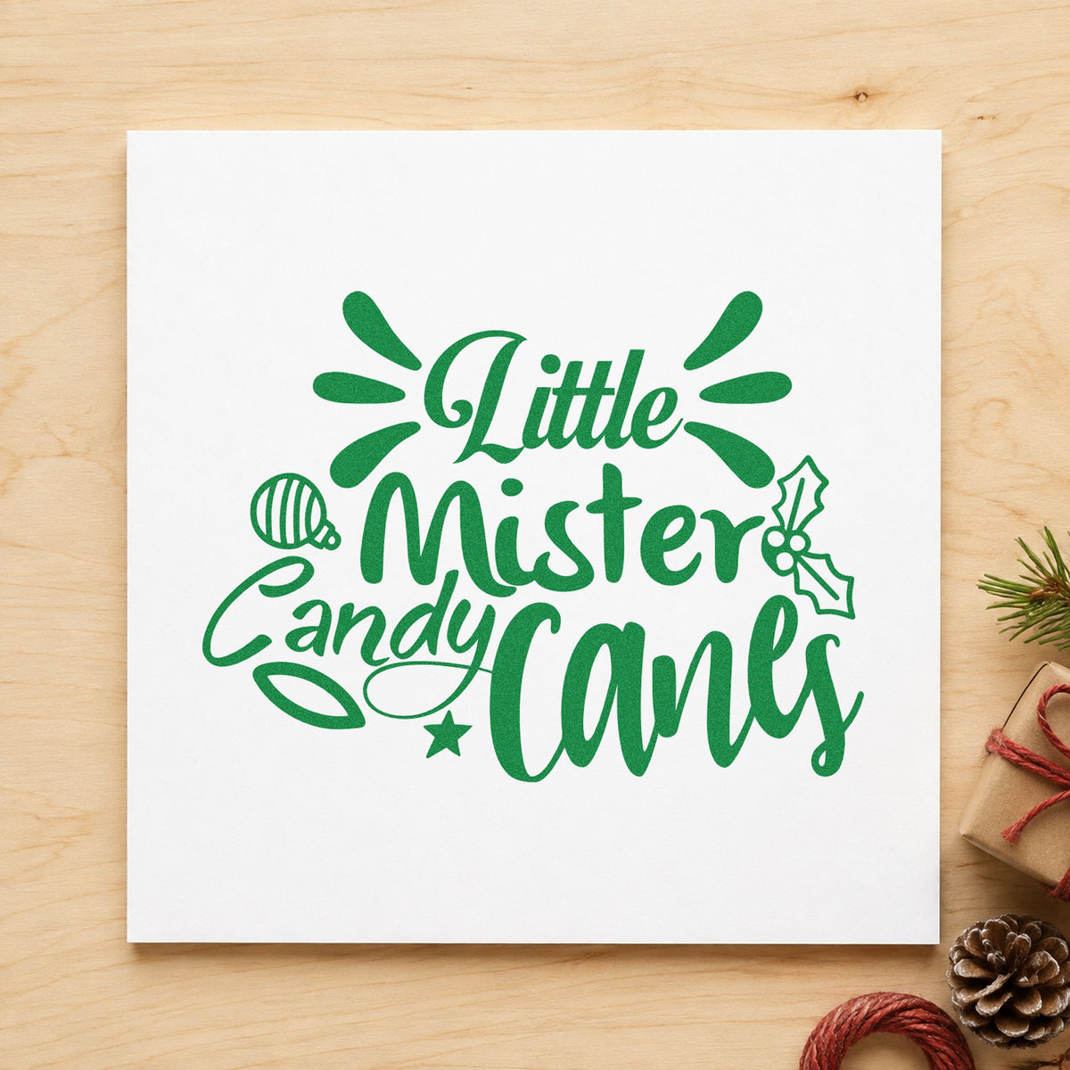 Little Mister Candy Canes craft stamp imprint in green ink on a handmade project, one idea being shower thank cards.