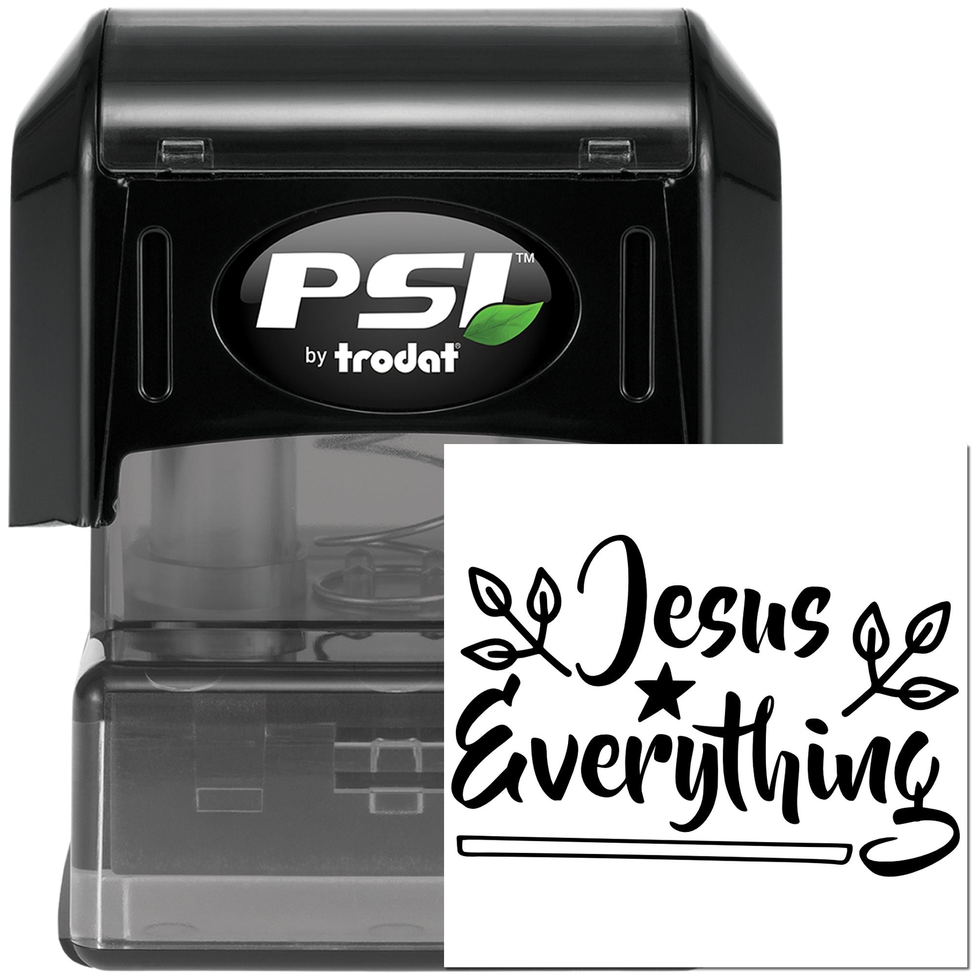 Jesus Everything self-inking rubber stamp by PSI Trodat with decorative leaf design around the imprint