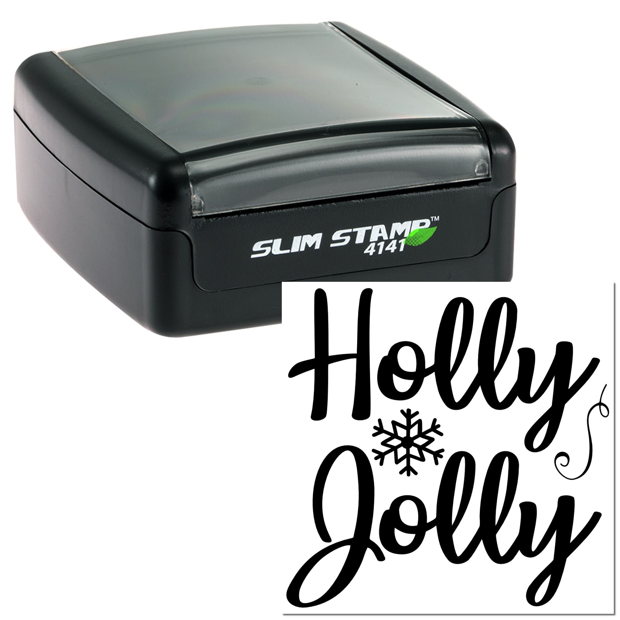 Custom Slim Stamp 4141 rubber stamp with Holly Jolly holiday design and snowflake for festive card making